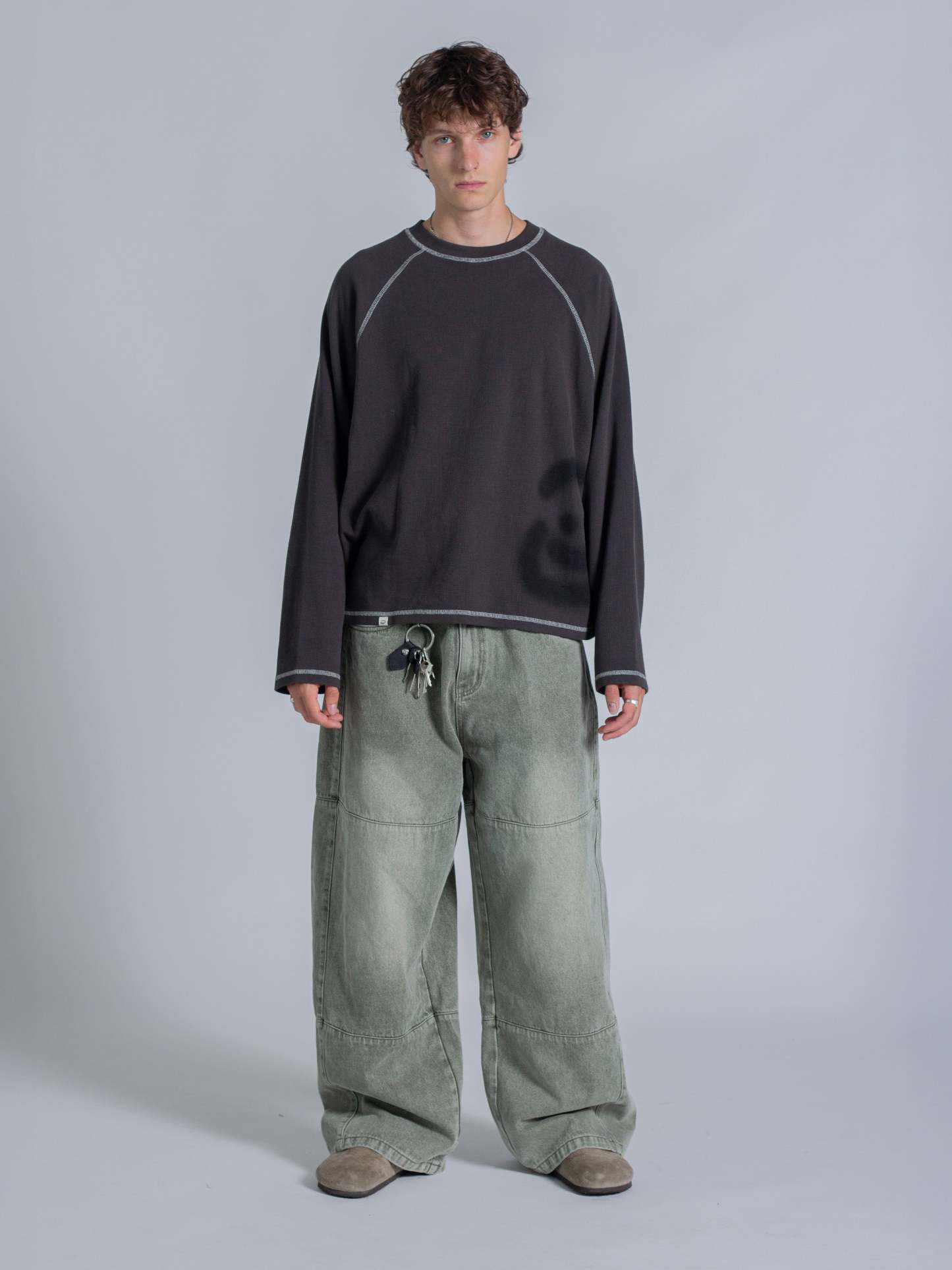 SMILEY WAFFLE LONG SLEEVE TEE - MIDNIGHT CHARCOAL-Fineriform