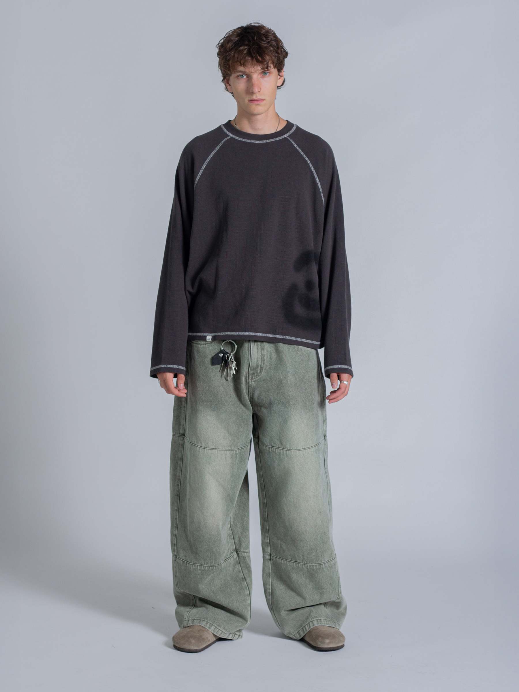 SMILEY WAFFLE LONG SLEEVE TEE - MIDNIGHT CHARCOAL-Fineriform