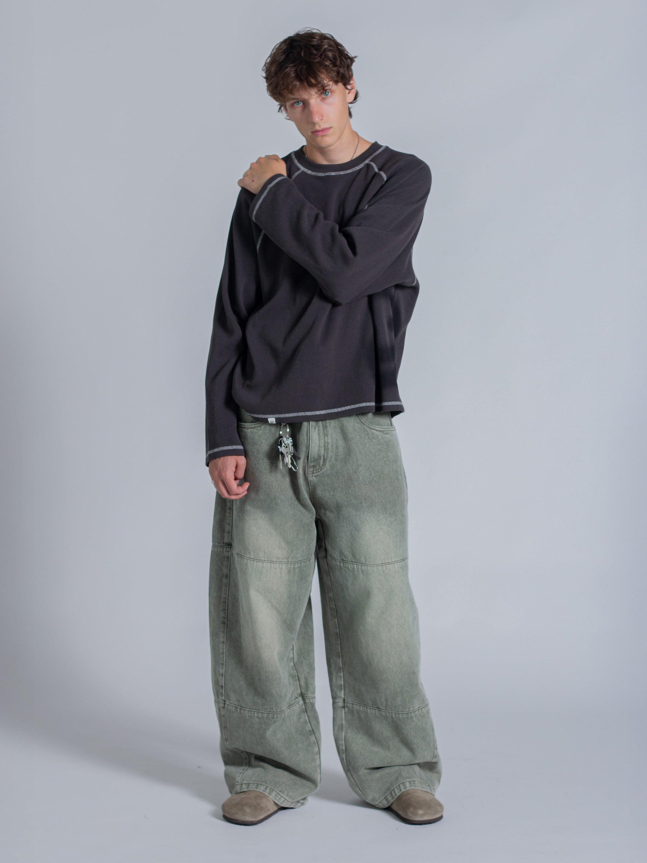 SMILEY WAFFLE LONG SLEEVE TEE - MIDNIGHT CHARCOAL-Fineriform