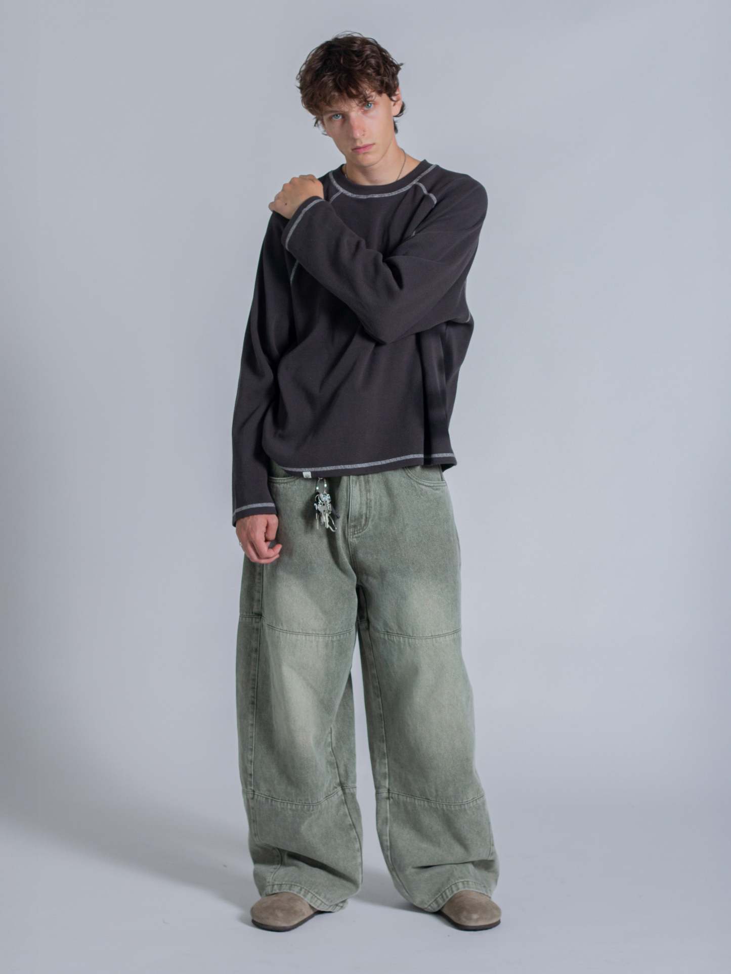 SMILEY WAFFLE LONG SLEEVE TEE - MIDNIGHT CHARCOAL-Fineriform