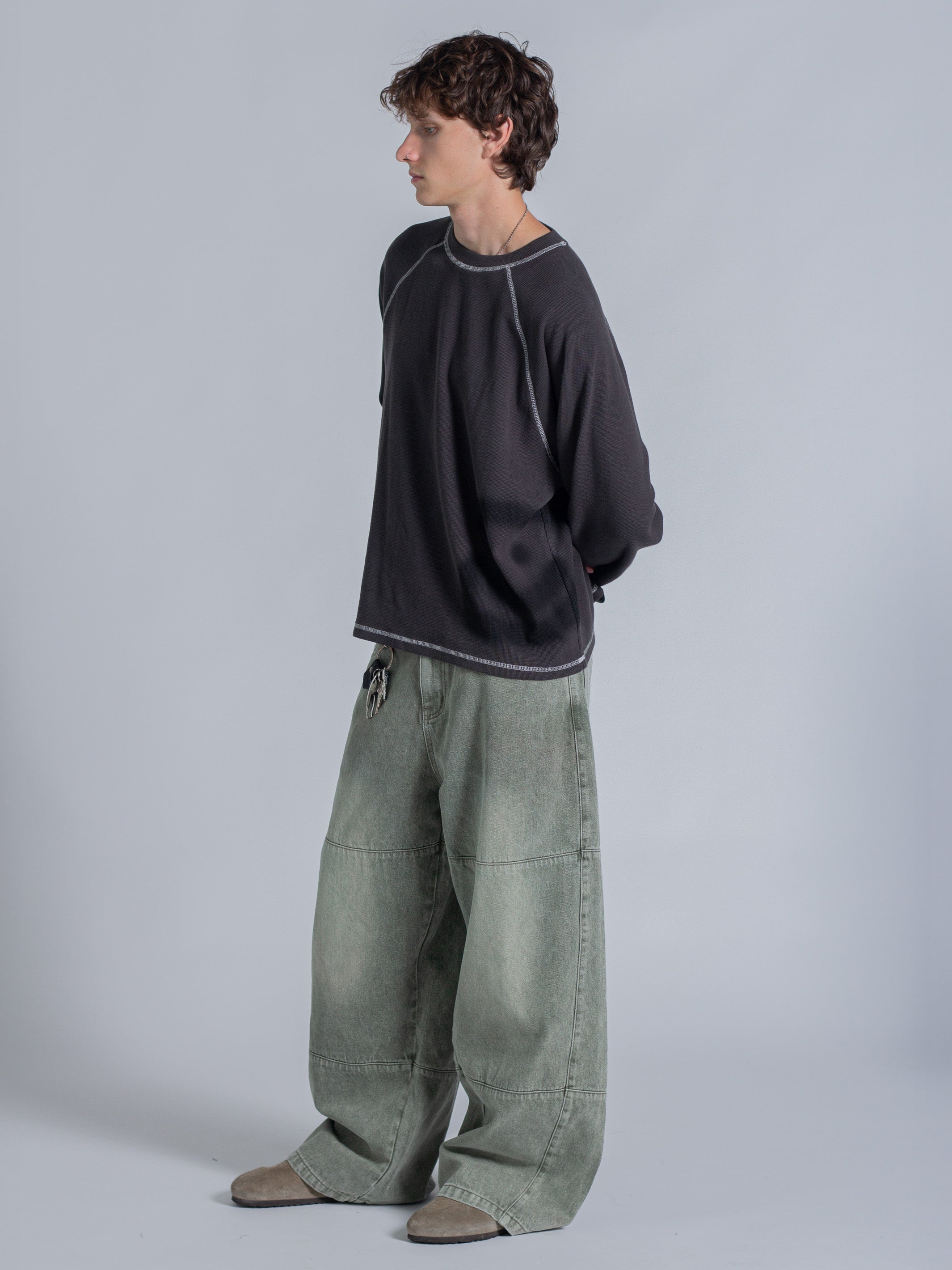 SMILEY WAFFLE LONG SLEEVE TEE - MIDNIGHT CHARCOAL-Fineriform