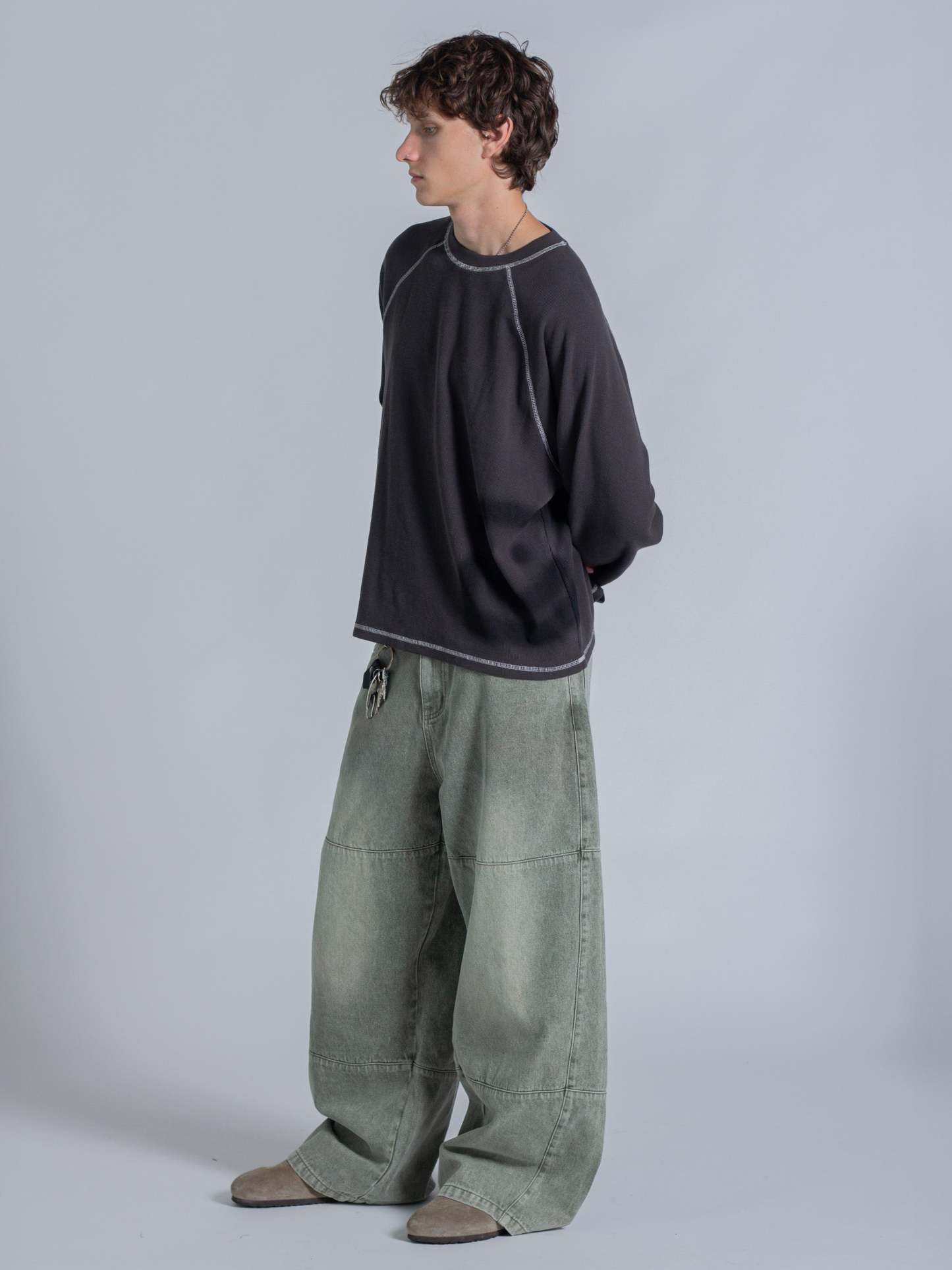 SMILEY WAFFLE LONG SLEEVE TEE - MIDNIGHT CHARCOAL-Fineriform