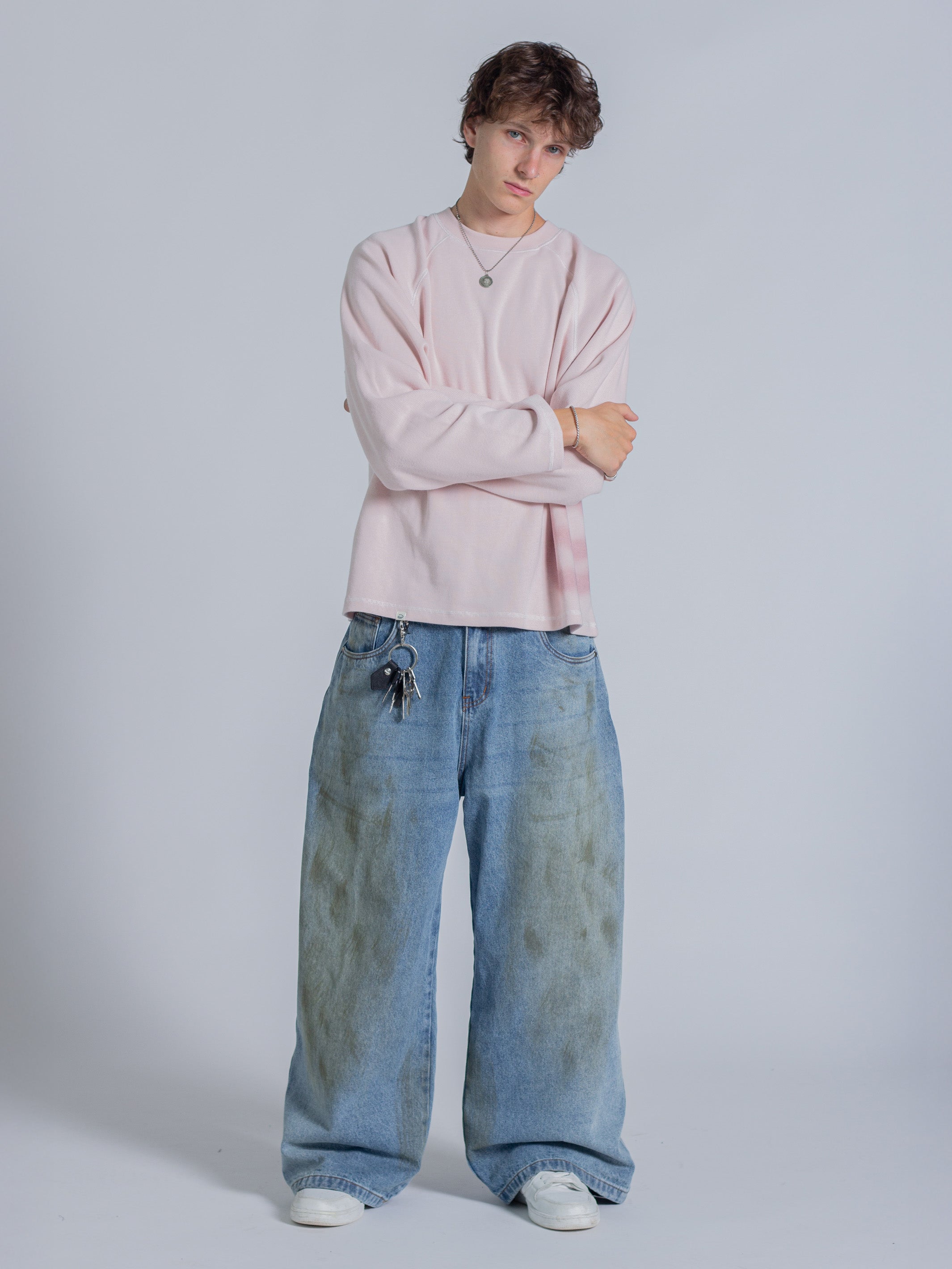 SMILEY WAFFLE LONG SLEEVE TEE - COTTON CANDY PINK-Fineriform