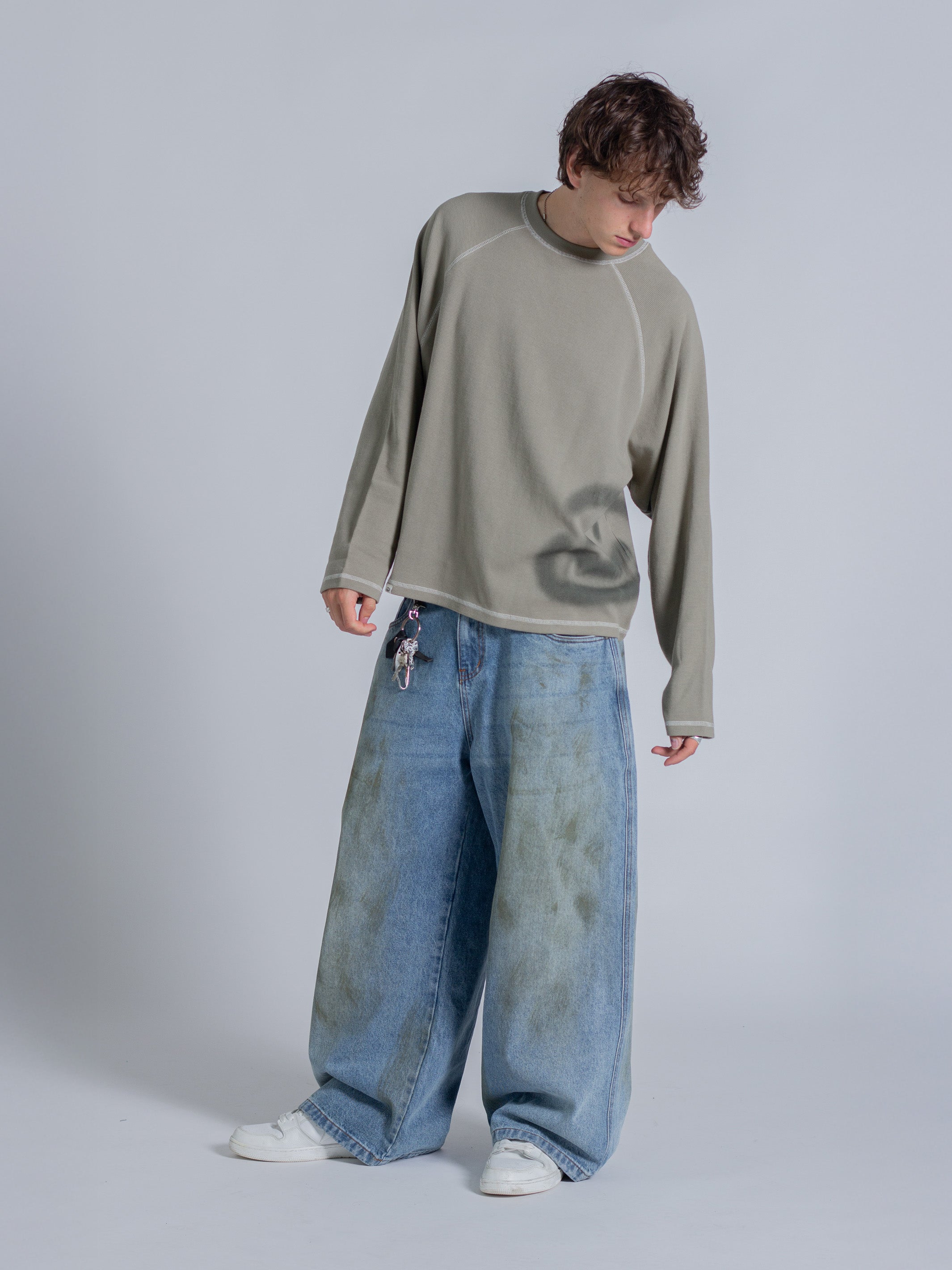 SMILEY WAFFLE LONG SLEEVE TEE - SAGE SMOKE-Fineriform