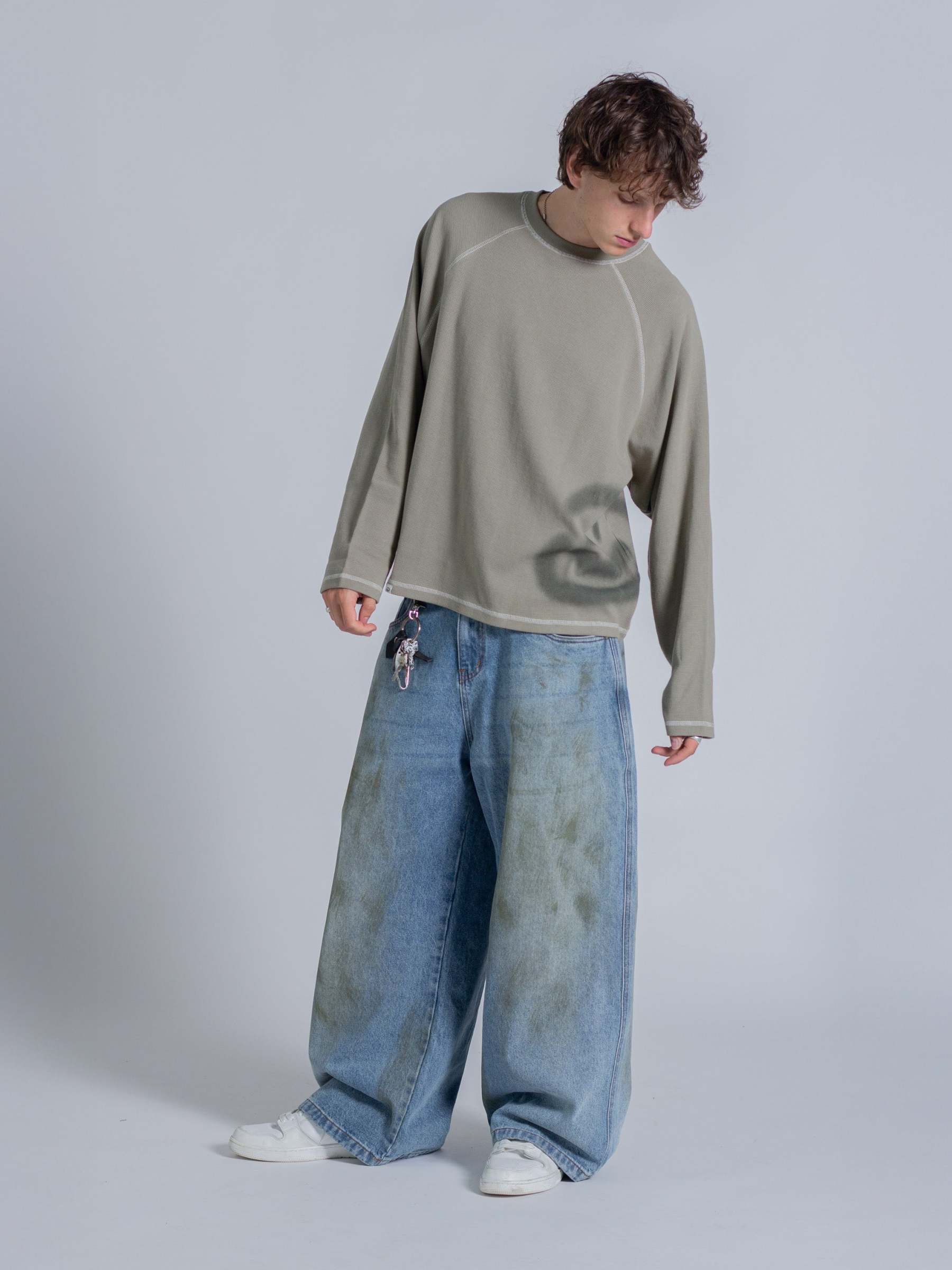 SMILEY WAFFLE LONG SLEEVE TEE - SAGE SMOKE-Fineriform