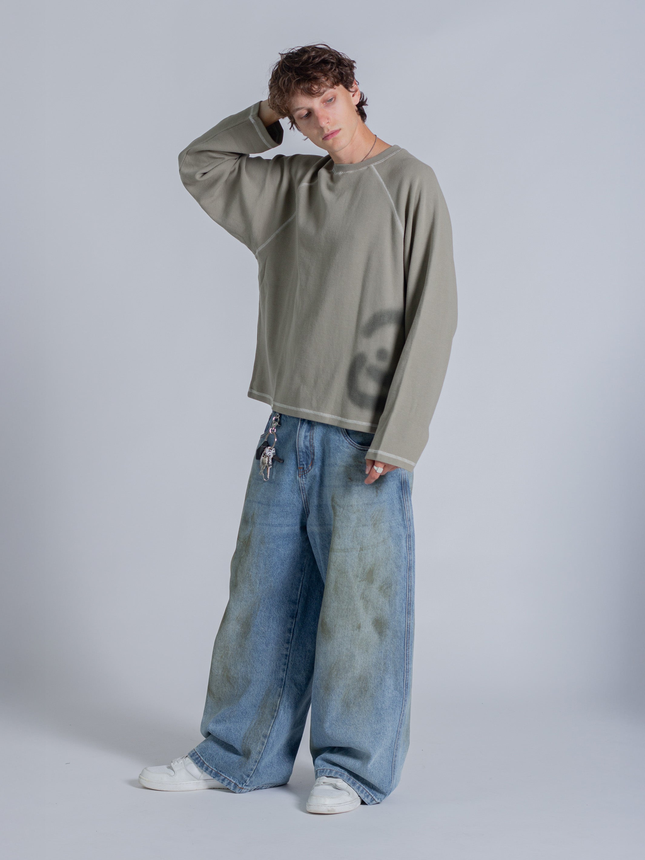 SMILEY WAFFLE LONG SLEEVE TEE - SAGE SMOKE-Fineriform