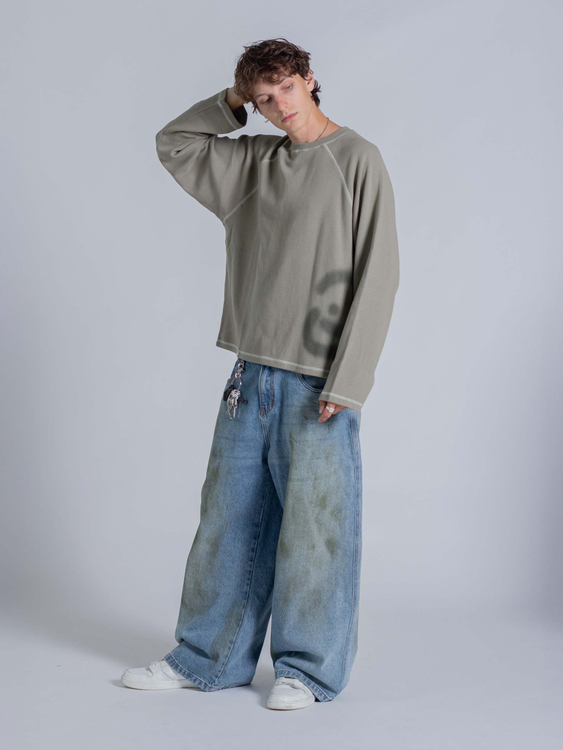 SMILEY WAFFLE LONG SLEEVE TEE - SAGE SMOKE-Fineriform