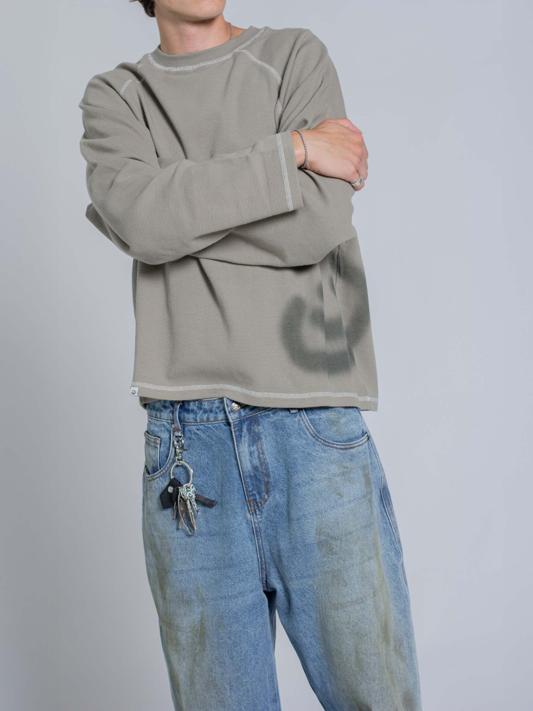 SMILEY WAFFLE LONG SLEEVE TEE - SAGE SMOKE-Fineriform