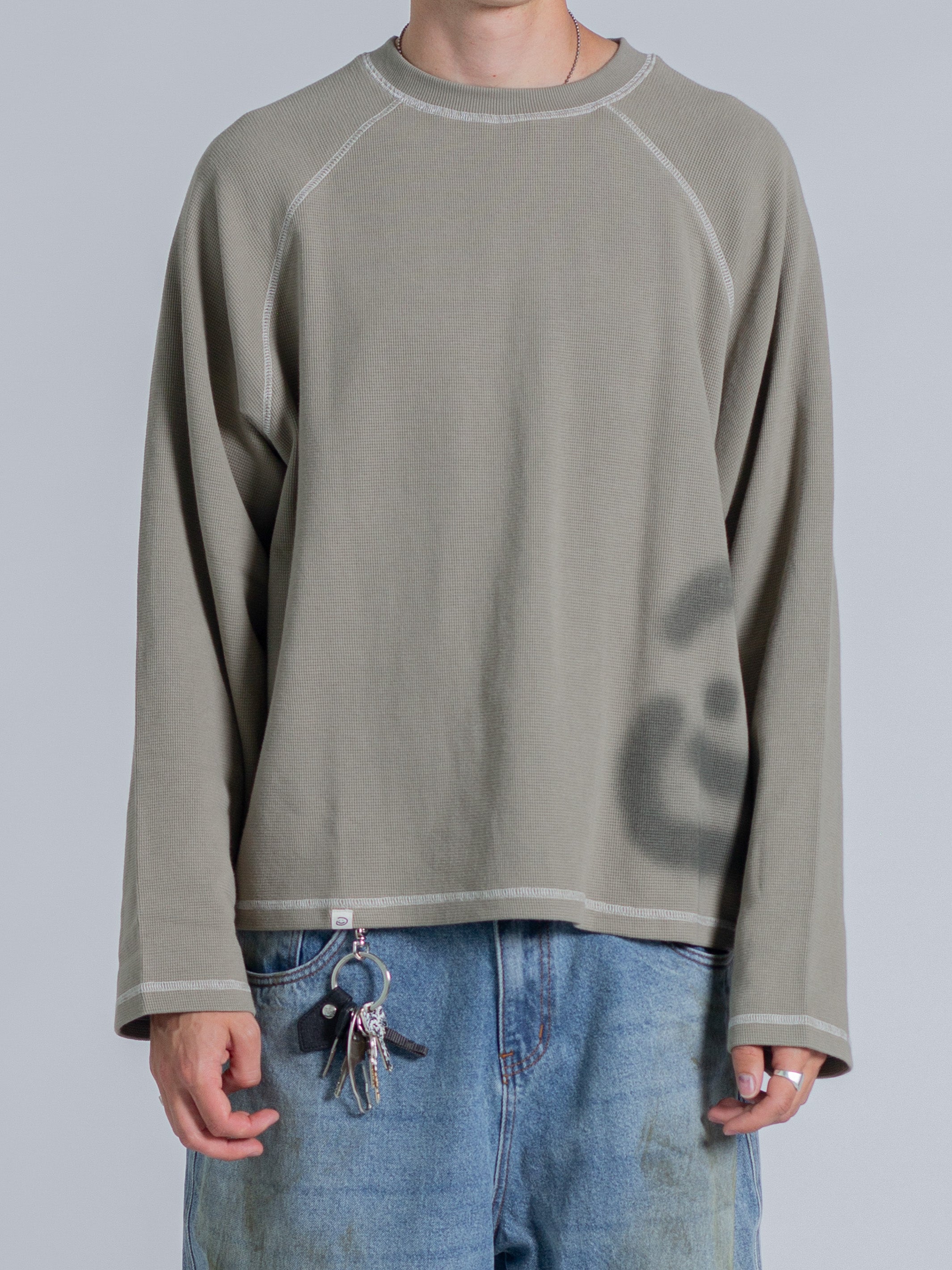 SMILEY WAFFLE LONG SLEEVE TEE - SAGE SMOKE-Fineriform
