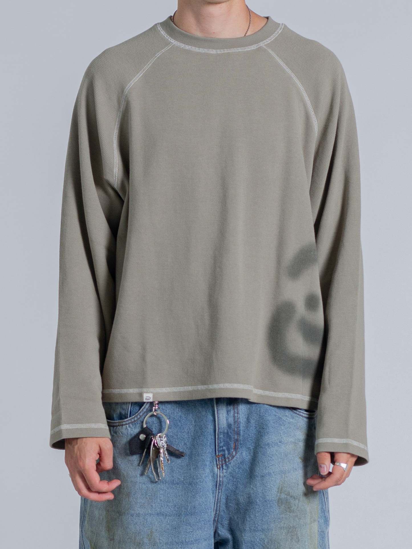SMILEY WAFFLE LONG SLEEVE TEE - SAGE SMOKE-Fineriform