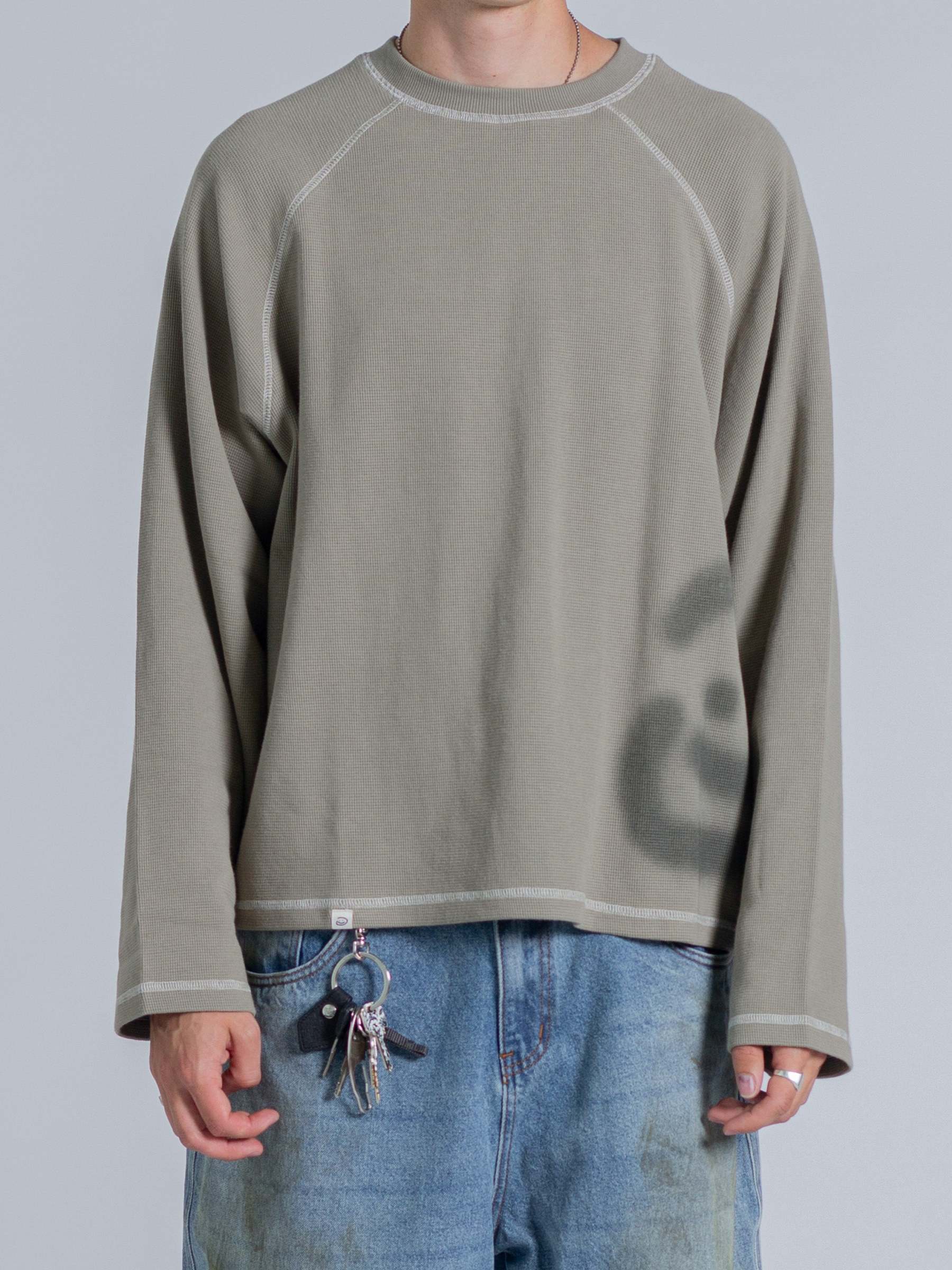 SMILEY WAFFLE LONG SLEEVE TEE - SAGE SMOKE-Fineriform