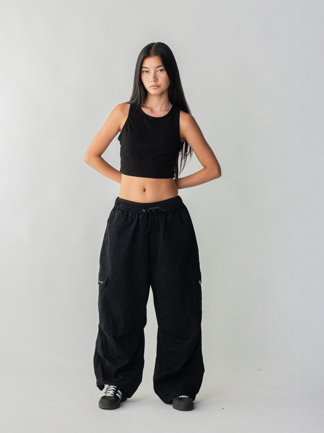 SMILEY LOGO PARACHUTE PANTS - BLACK-Fineriform