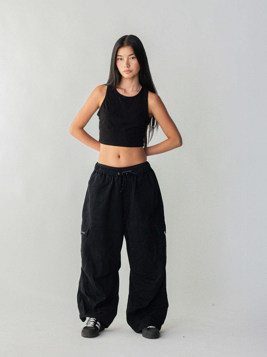SMILEY LOGO PARACHUTE PANTS - BLACK-Fineriform
