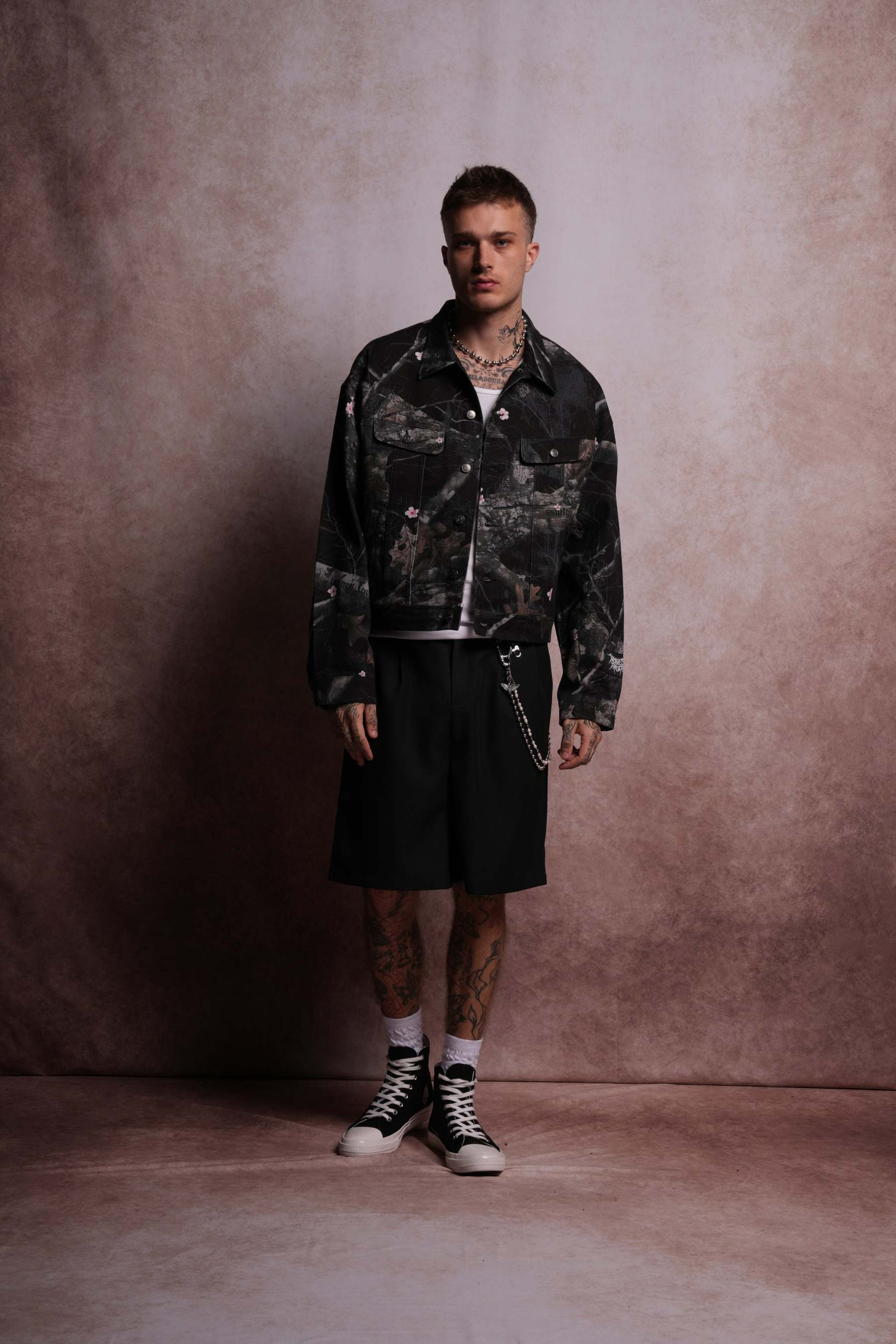 Forged From Iron Cropped American Denim Jacket in Darc Blossom Woodland Camo-Fineriform