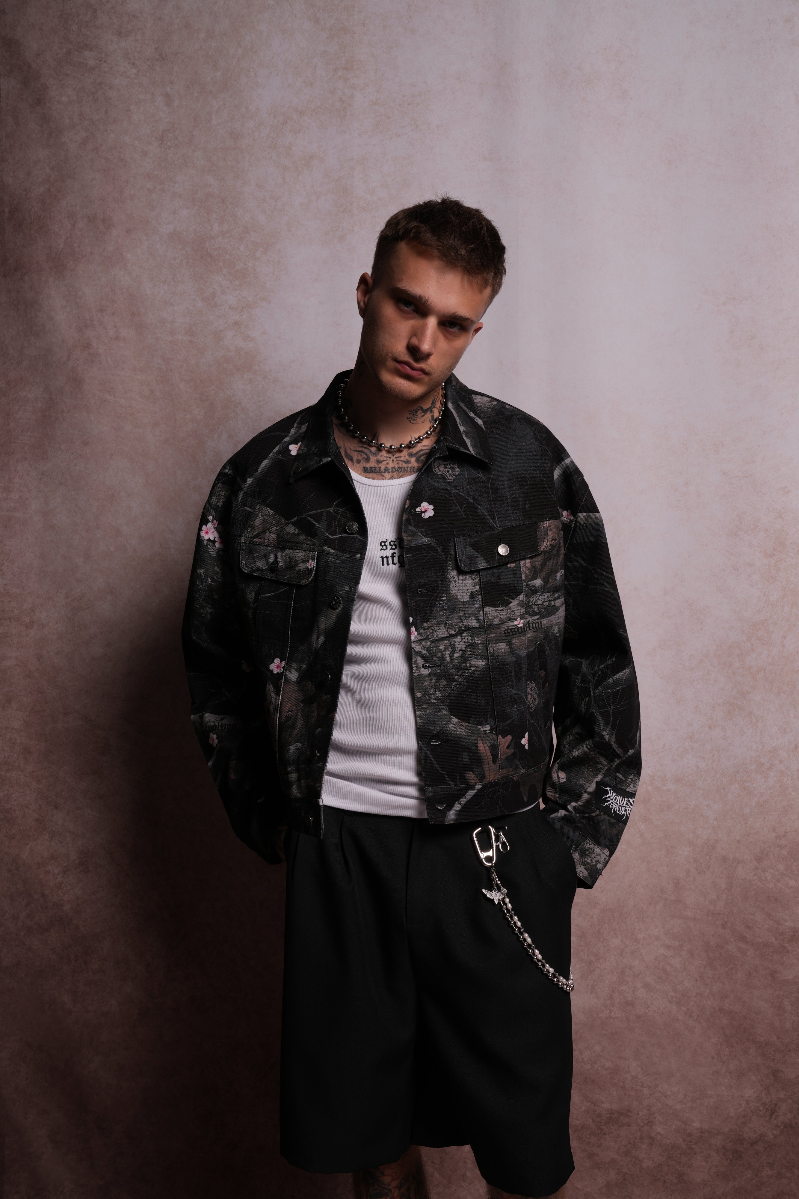 Forged From Iron Cropped American Denim Jacket in Darc Blossom Woodland Camo-Fineriform