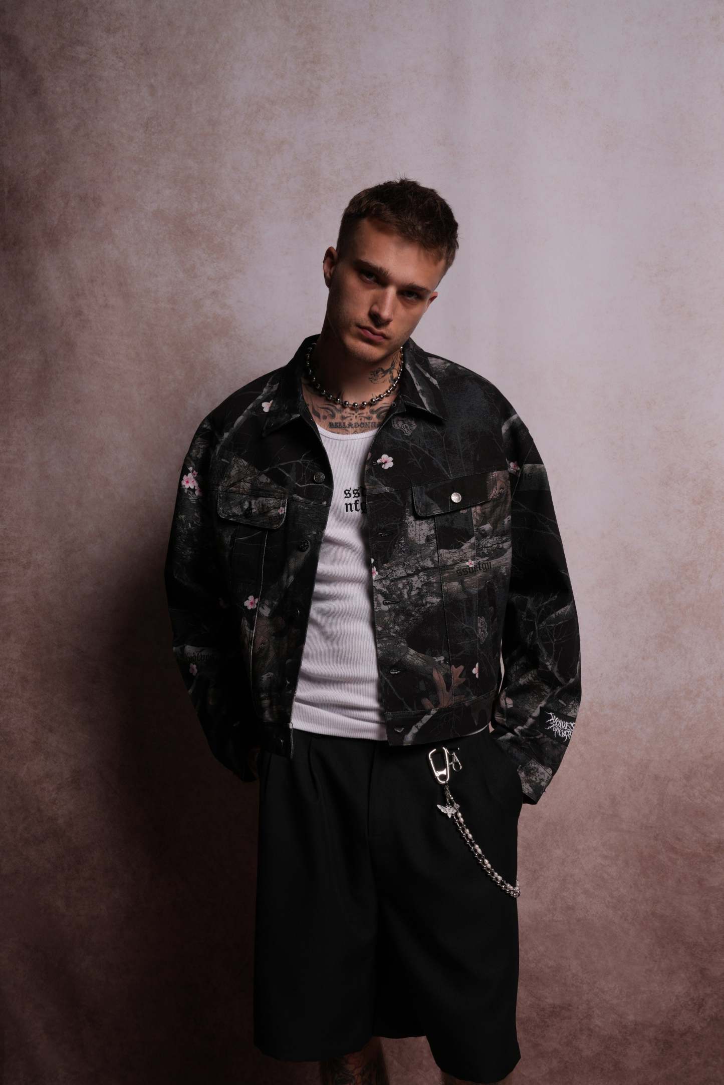 Forged From Iron Cropped American Denim Jacket in Darc Blossom Woodland Camo-Fineriform