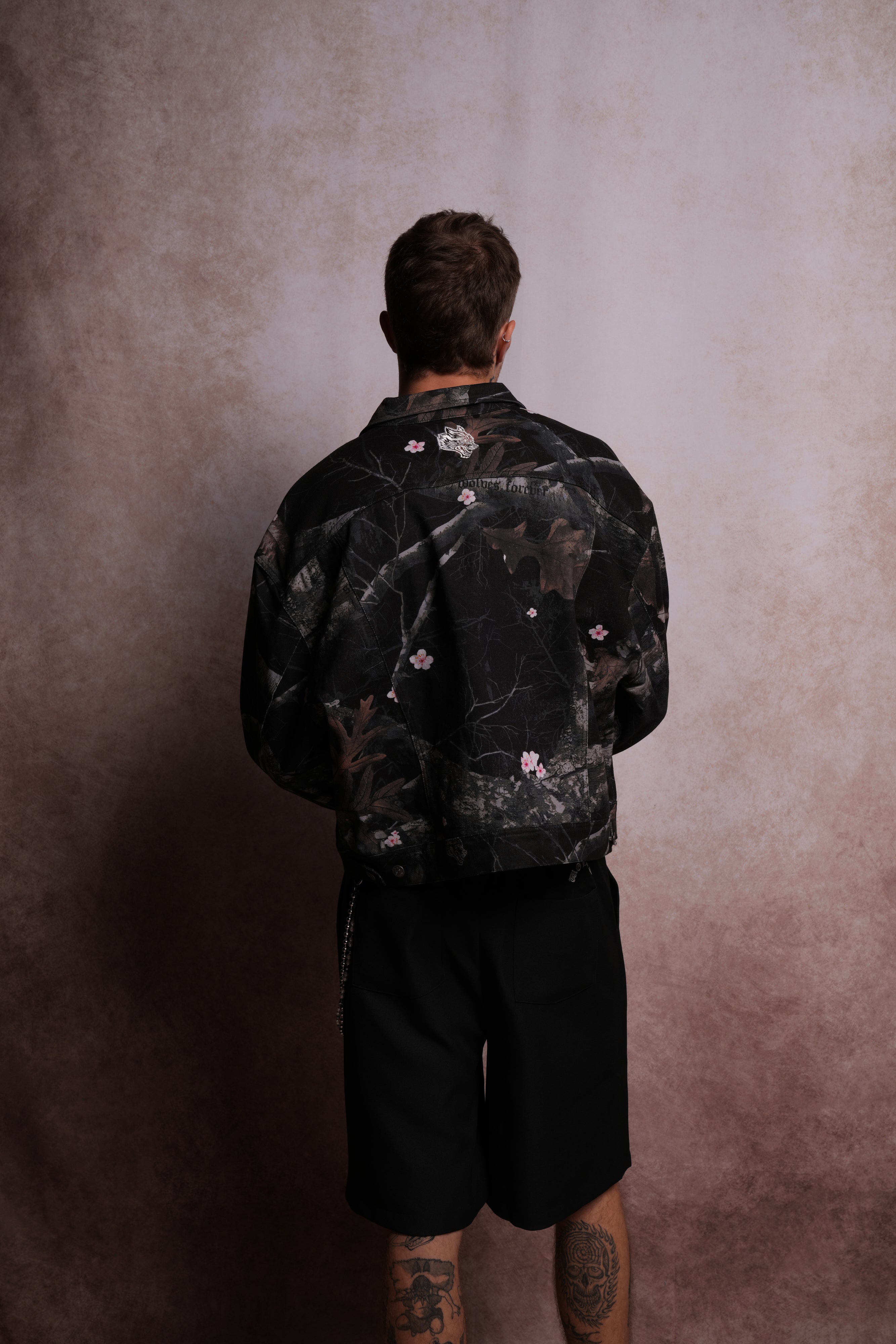 Forged From Iron Cropped American Denim Jacket in Darc Blossom Woodland Camo-Fineriform