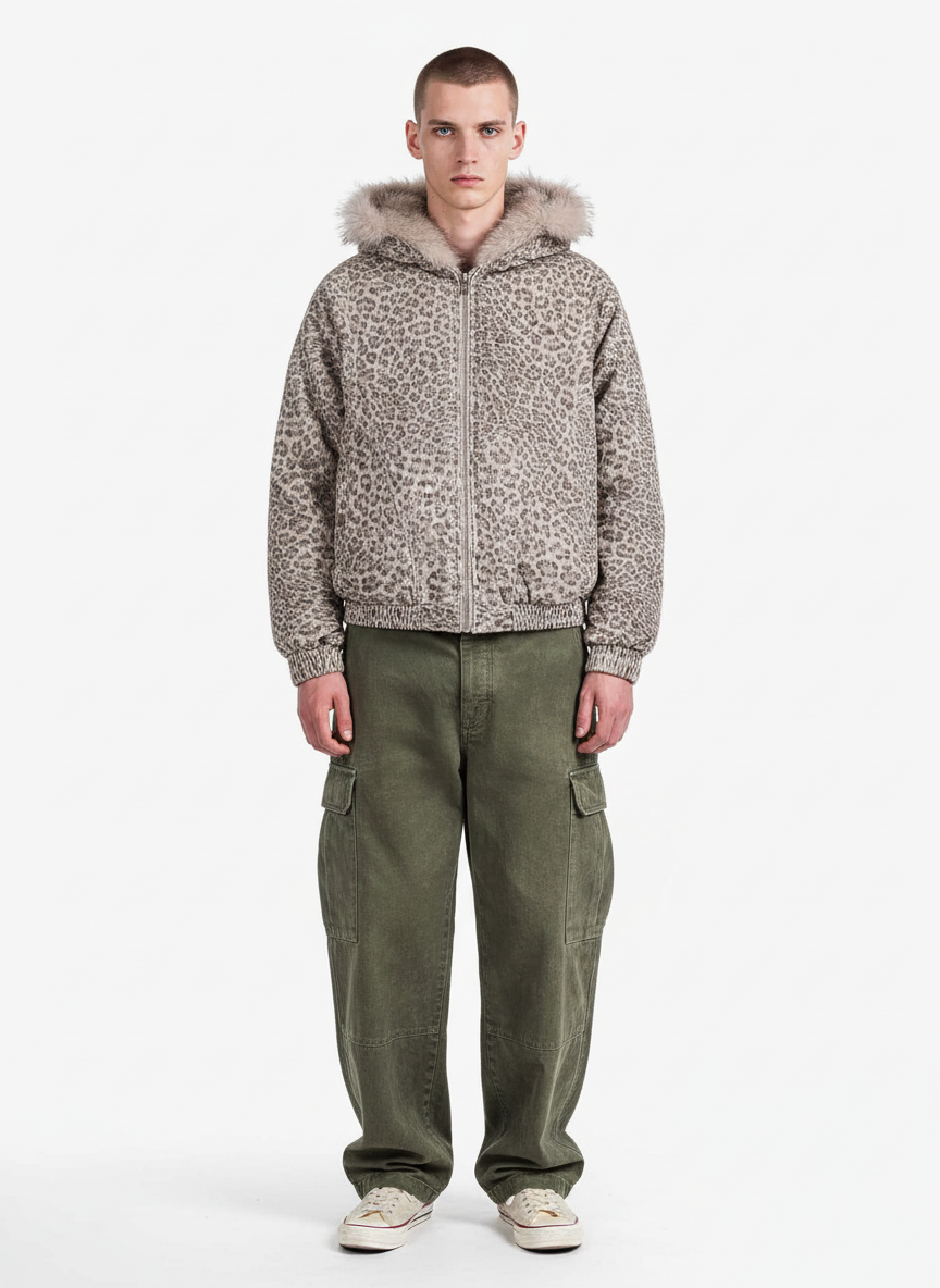 Cotton Cheetah Print Mink Fur Hooded Jacket - 2270-Fineriform