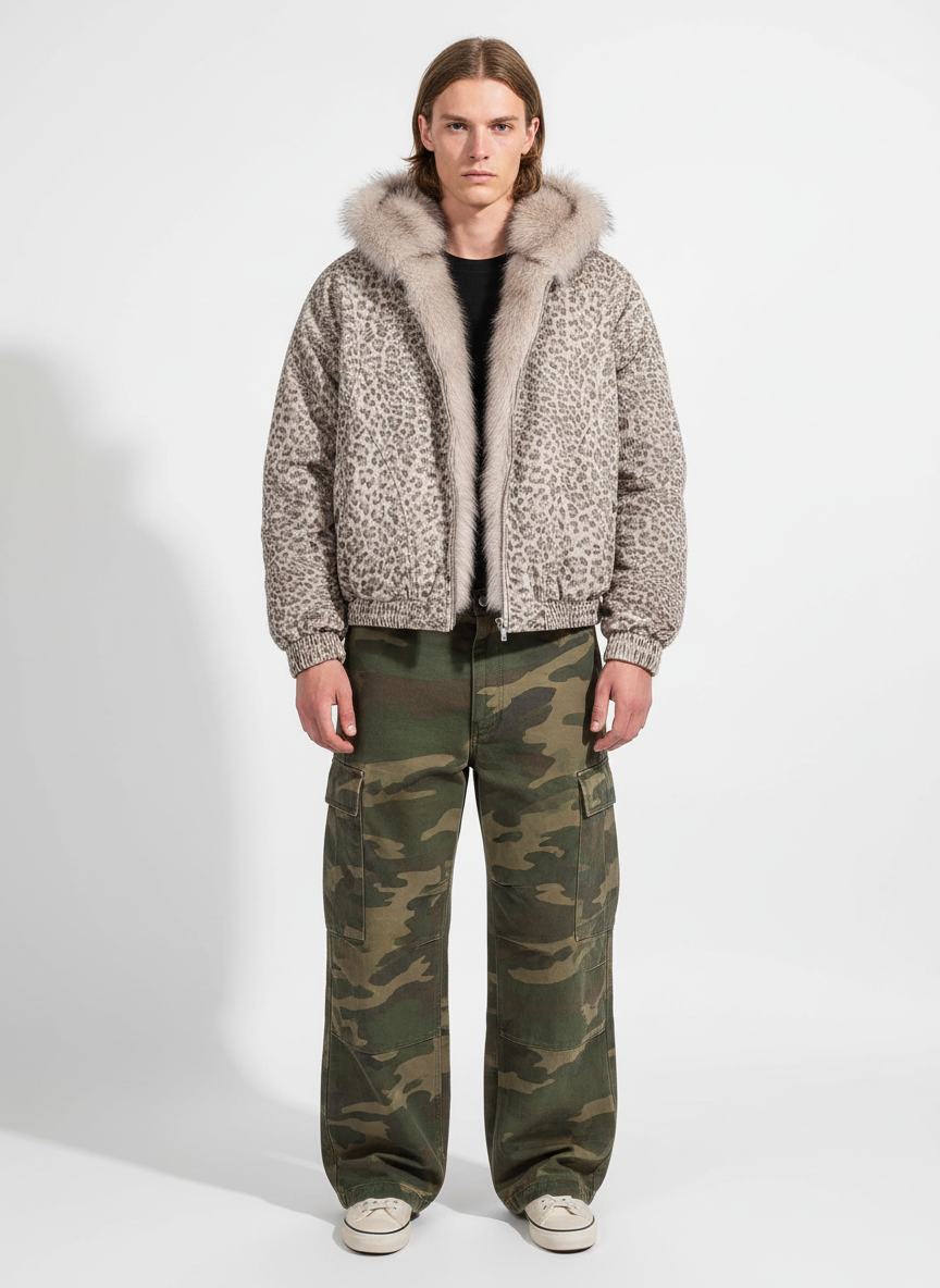 Cotton Cheetah Print Mink Fur Hooded Jacket - 2270-Fineriform