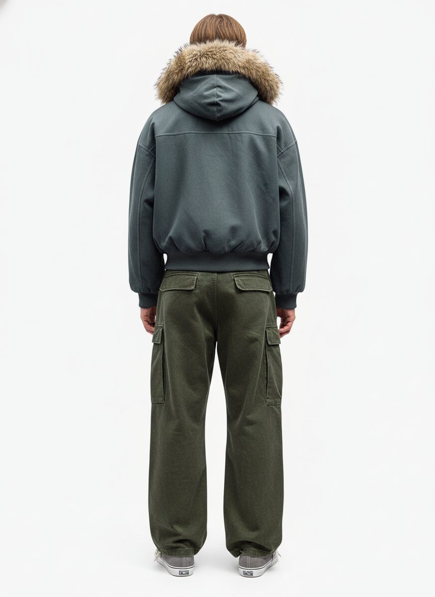 Faux Fur Lined Zip Up Hooded Bomber Jacket-Fineriform