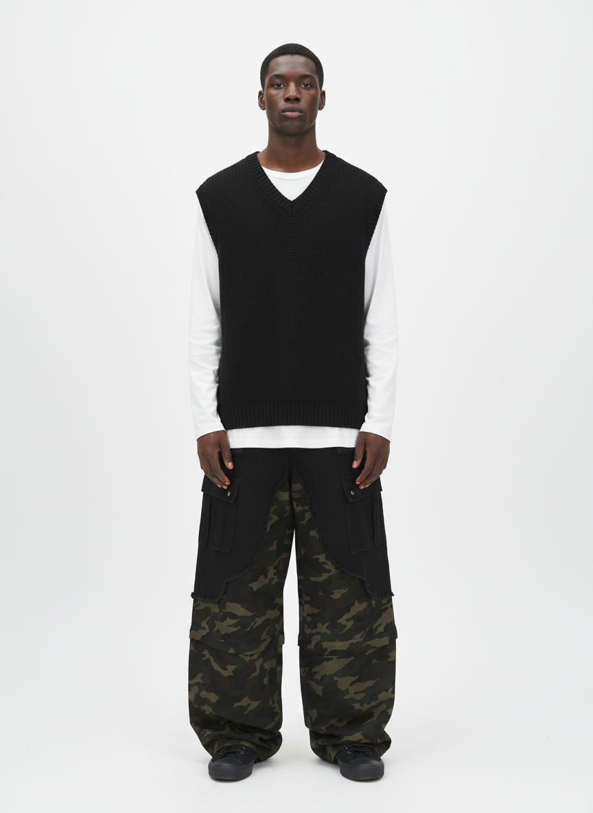 Retro Camouflage Faux Two-Piece Detachable Patchwork Pants-Fineriform