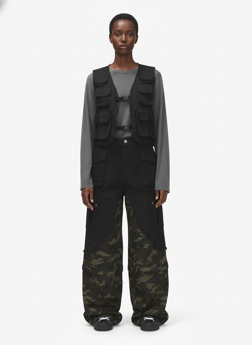 Retro Camouflage Faux Two-Piece Detachable Patchwork Pants-Fineriform
