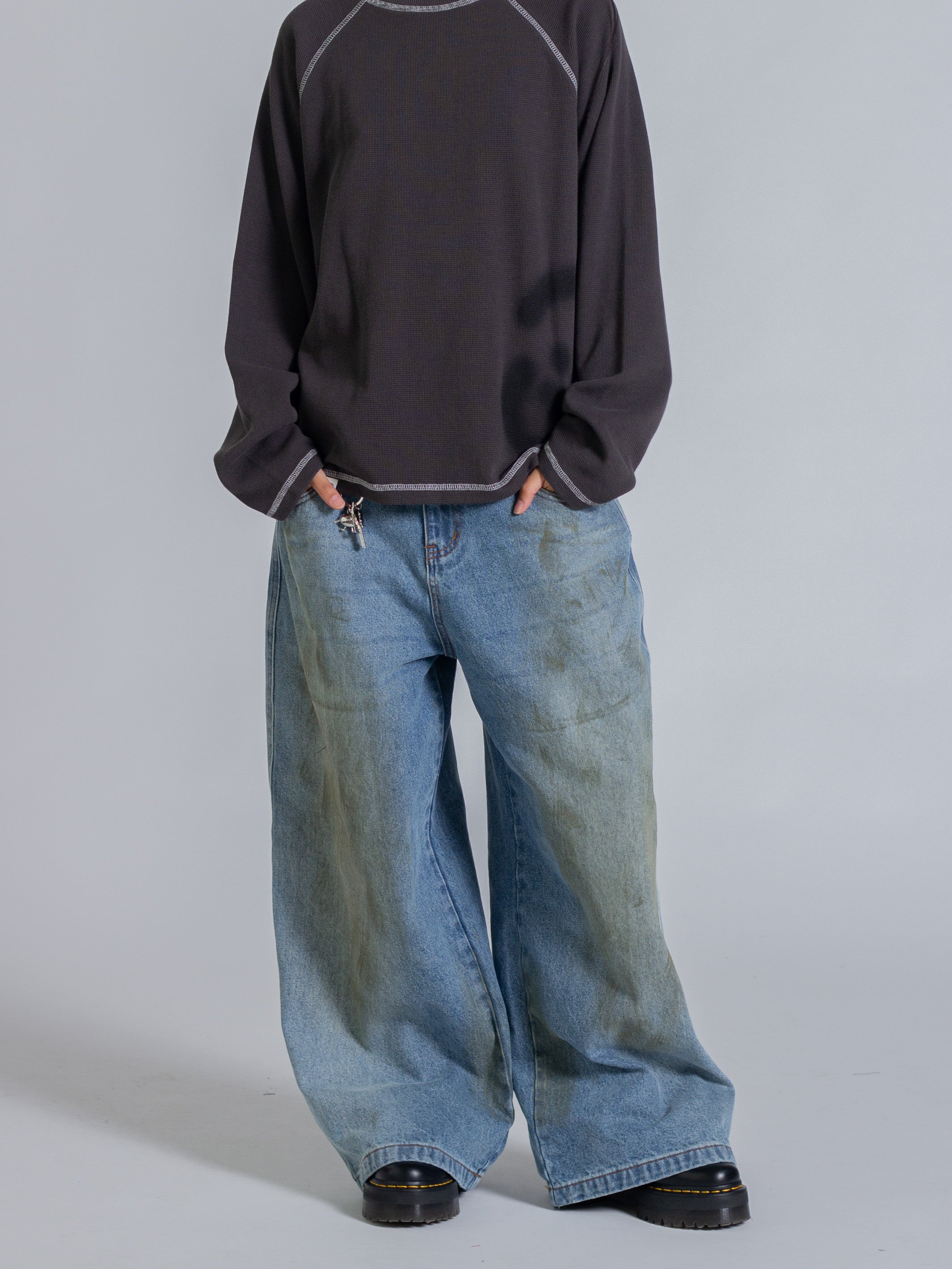 SMILEY WAFFLE LONG SLEEVE TEE - MIDNIGHT CHARCOAL-Fineriform