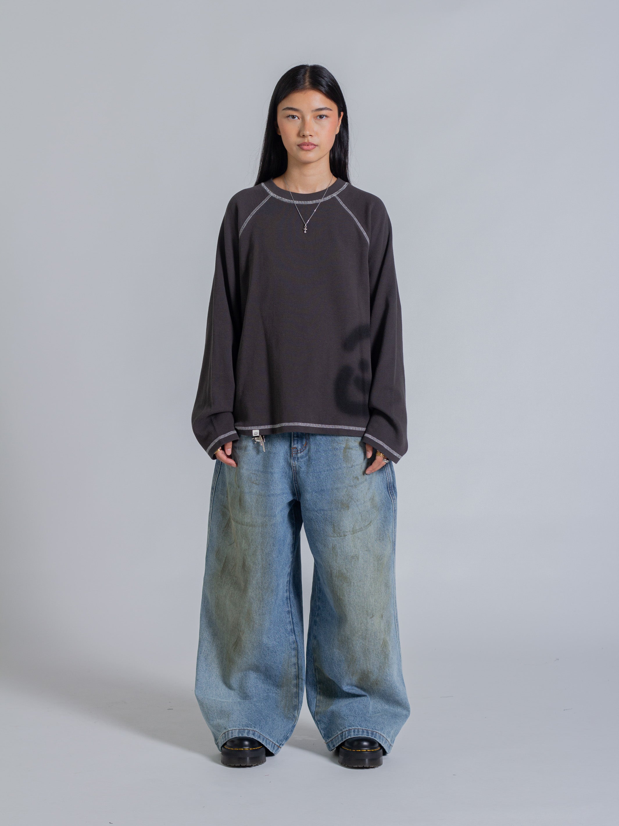 SMILEY WAFFLE LONG SLEEVE TEE - MIDNIGHT CHARCOAL-Fineriform