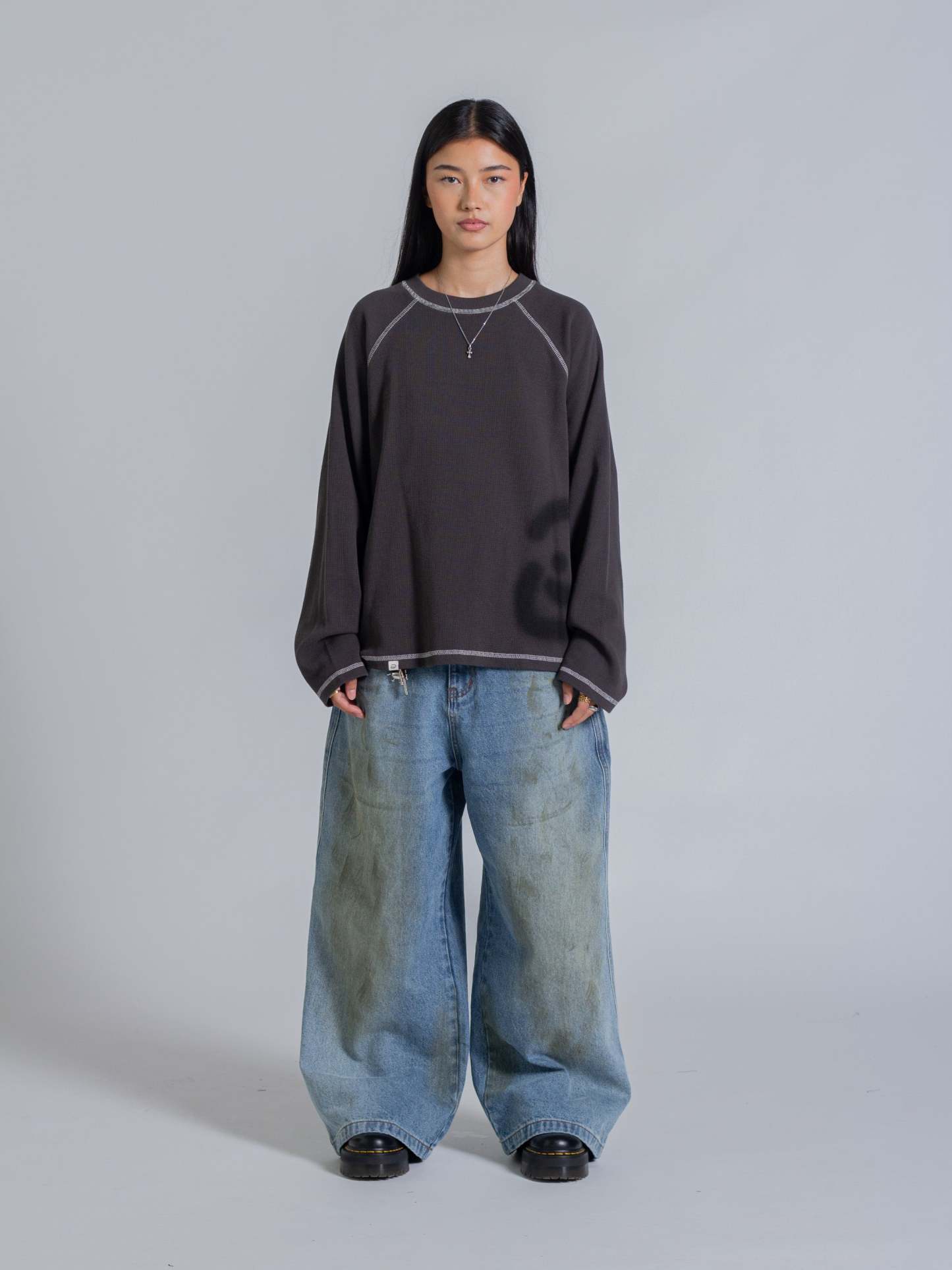 SMILEY WAFFLE LONG SLEEVE TEE - MIDNIGHT CHARCOAL-Fineriform