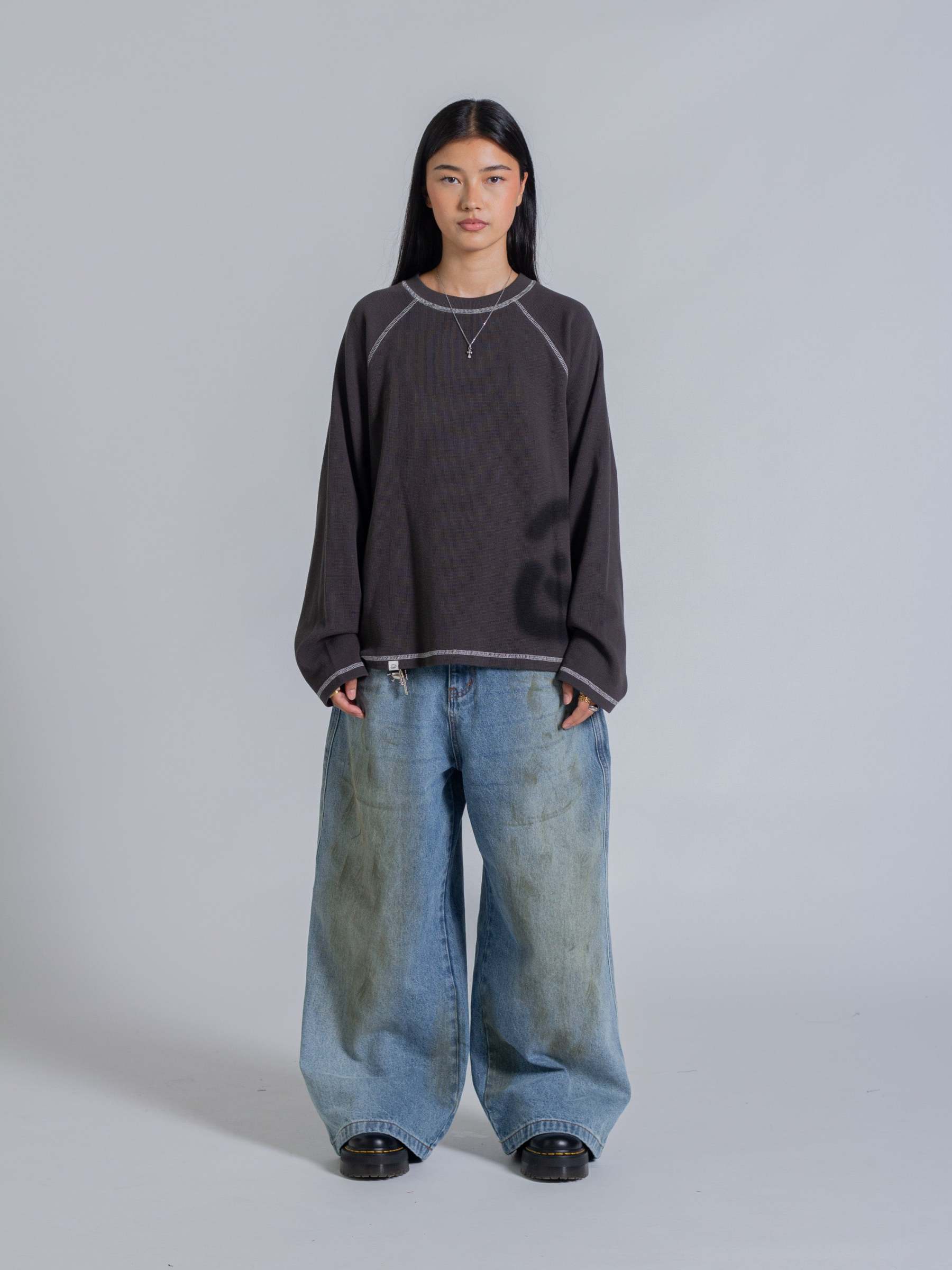 SMILEY WAFFLE LONG SLEEVE TEE - MIDNIGHT CHARCOAL-Fineriform