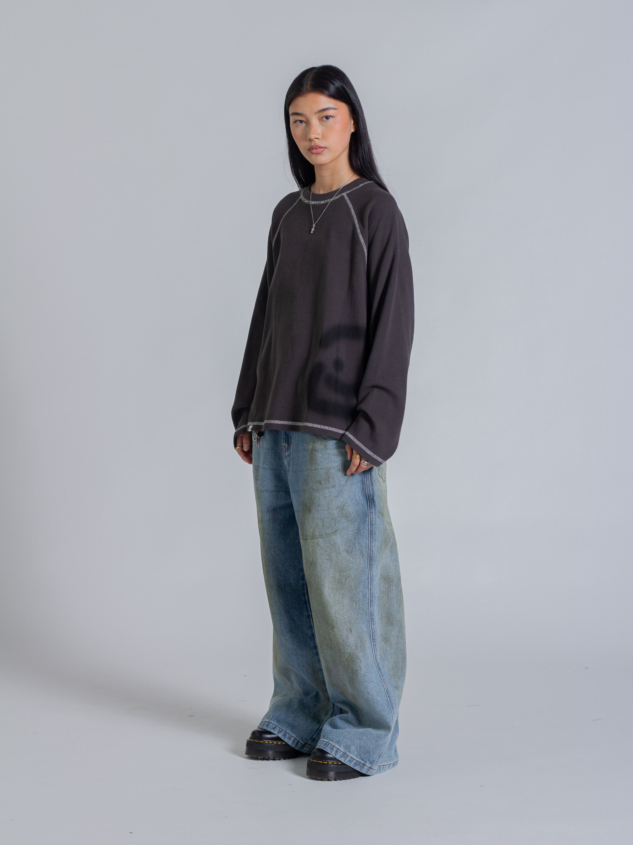 SMILEY WAFFLE LONG SLEEVE TEE - MIDNIGHT CHARCOAL-Fineriform