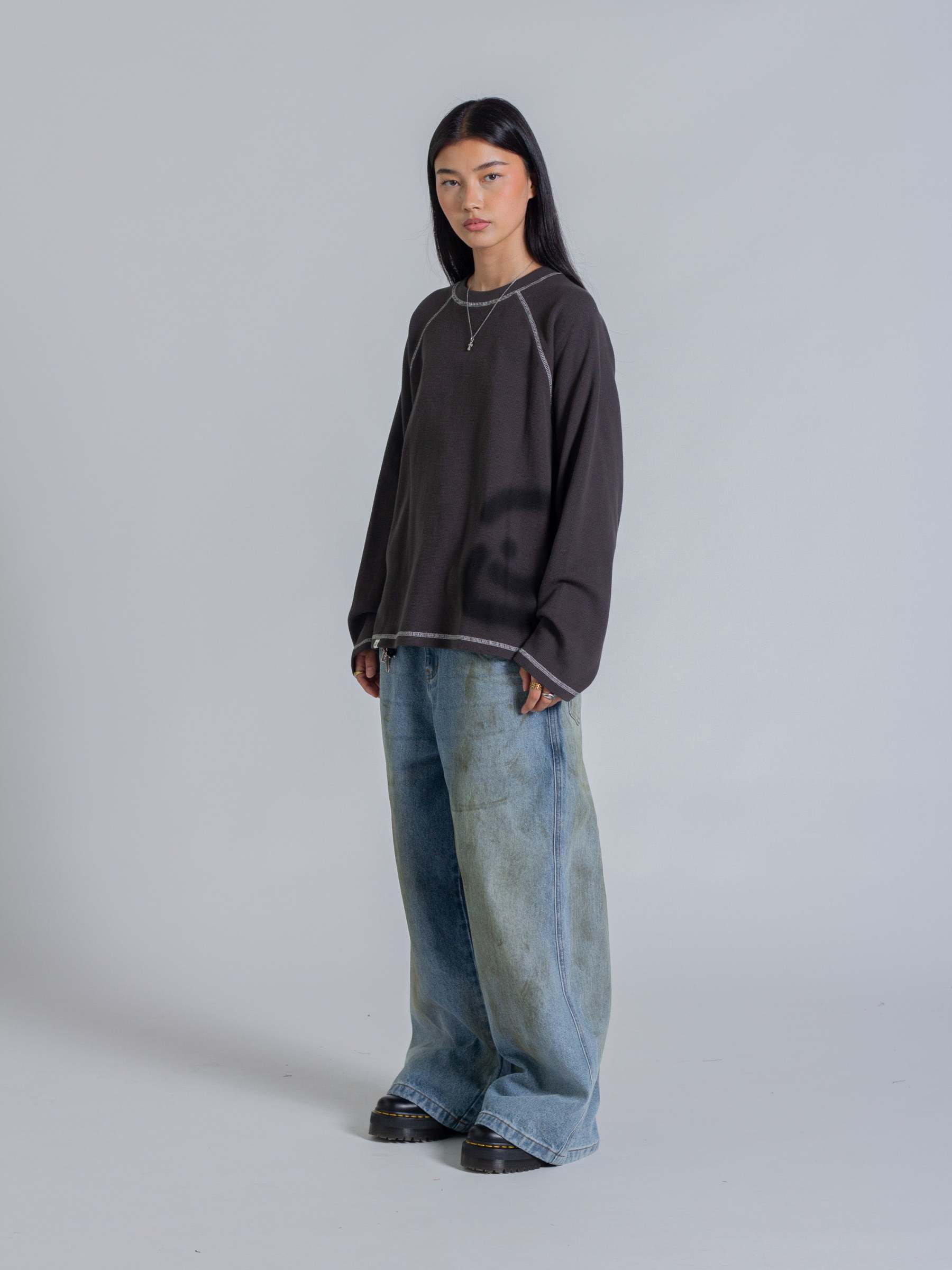 SMILEY WAFFLE LONG SLEEVE TEE - MIDNIGHT CHARCOAL-Fineriform