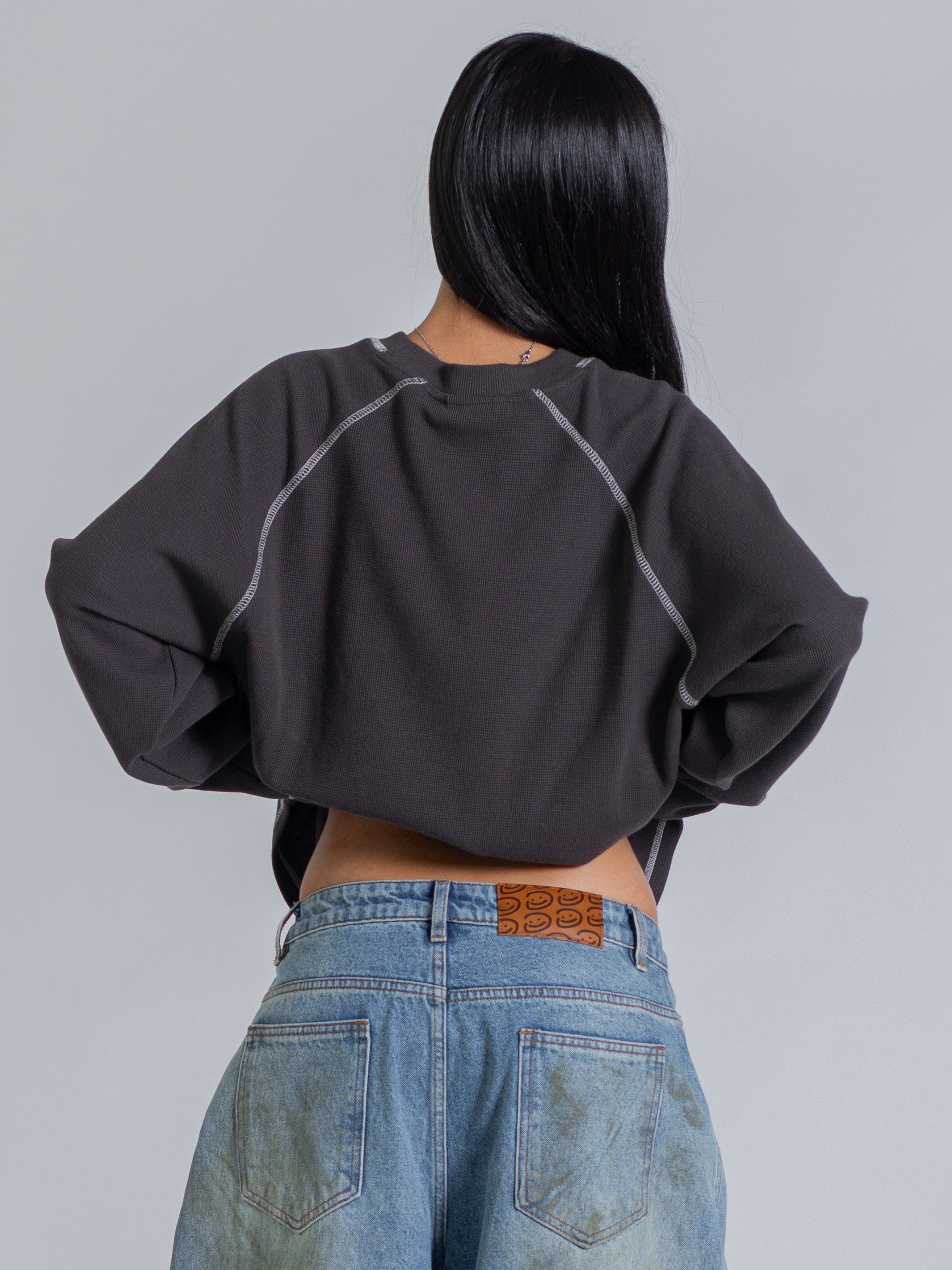 SMILEY WAFFLE LONG SLEEVE TEE - MIDNIGHT CHARCOAL-Fineriform