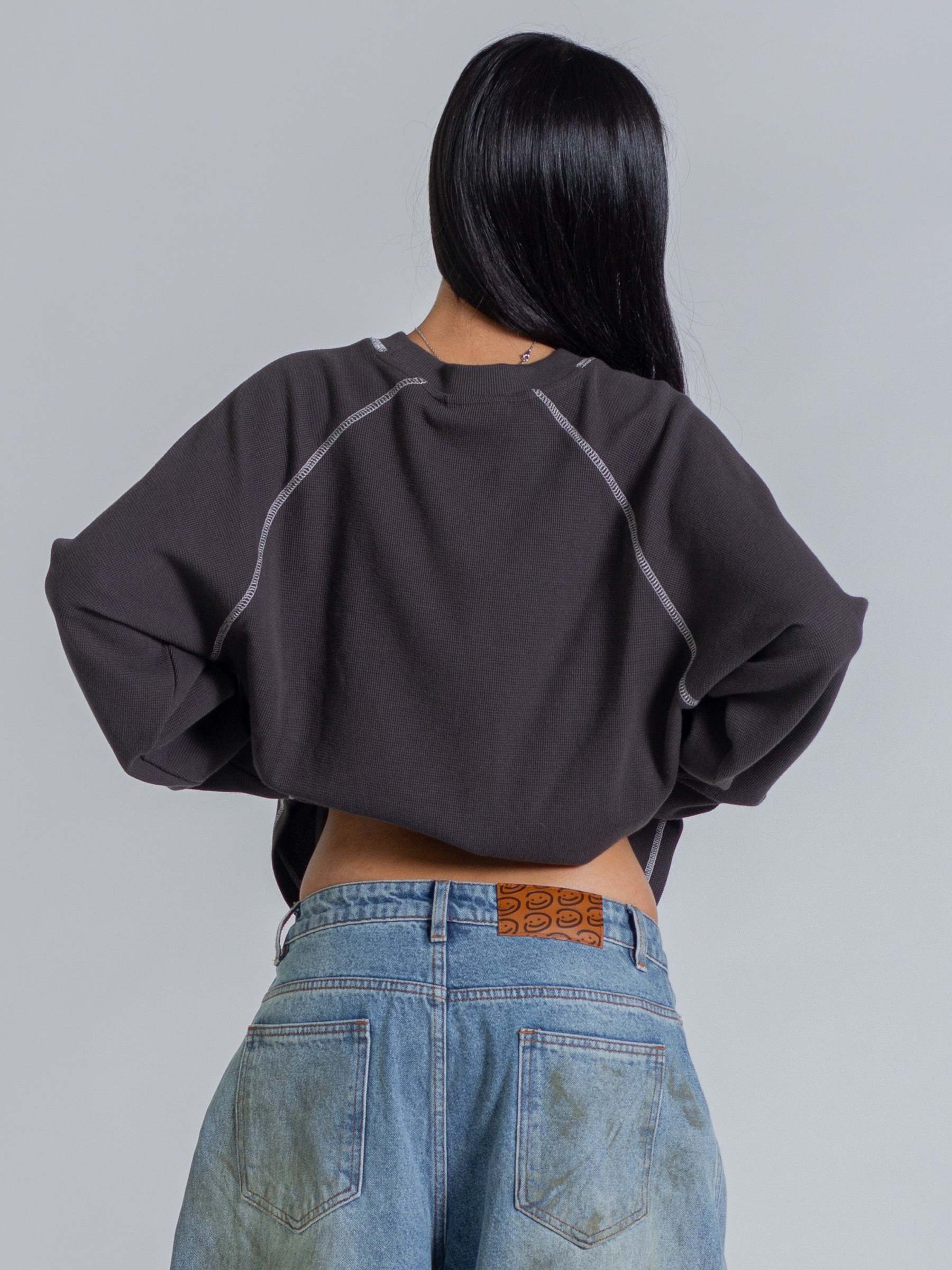 SMILEY WAFFLE LONG SLEEVE TEE - MIDNIGHT CHARCOAL-Fineriform