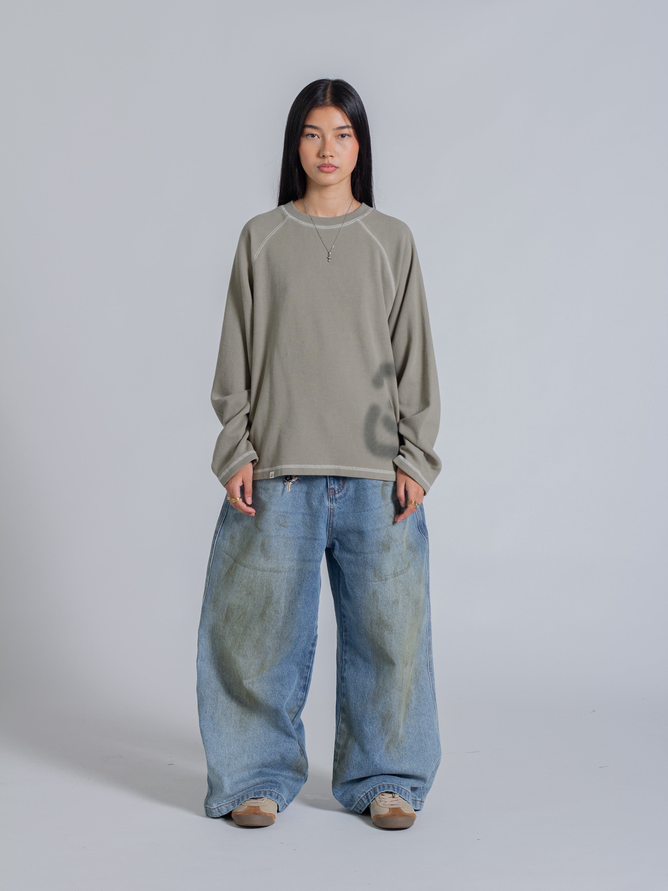 SMILEY WAFFLE LONG SLEEVE TEE - SAGE SMOKE-Fineriform
