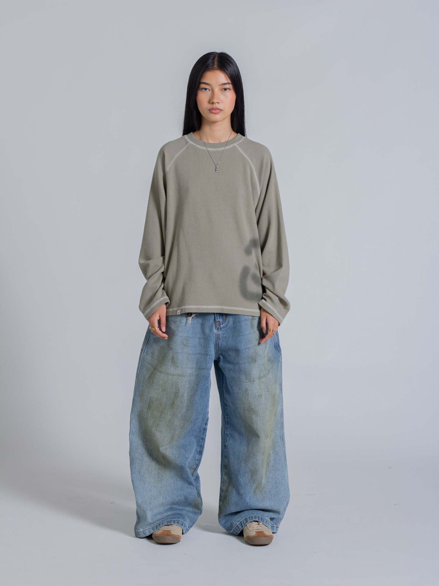 SMILEY WAFFLE LONG SLEEVE TEE - SAGE SMOKE-Fineriform
