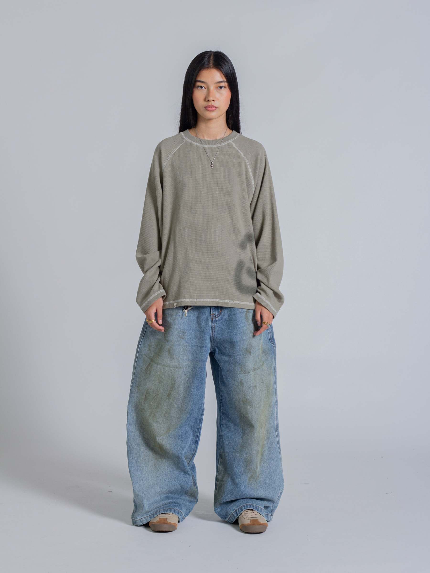 SMILEY WAFFLE LONG SLEEVE TEE - SAGE SMOKE-Fineriform