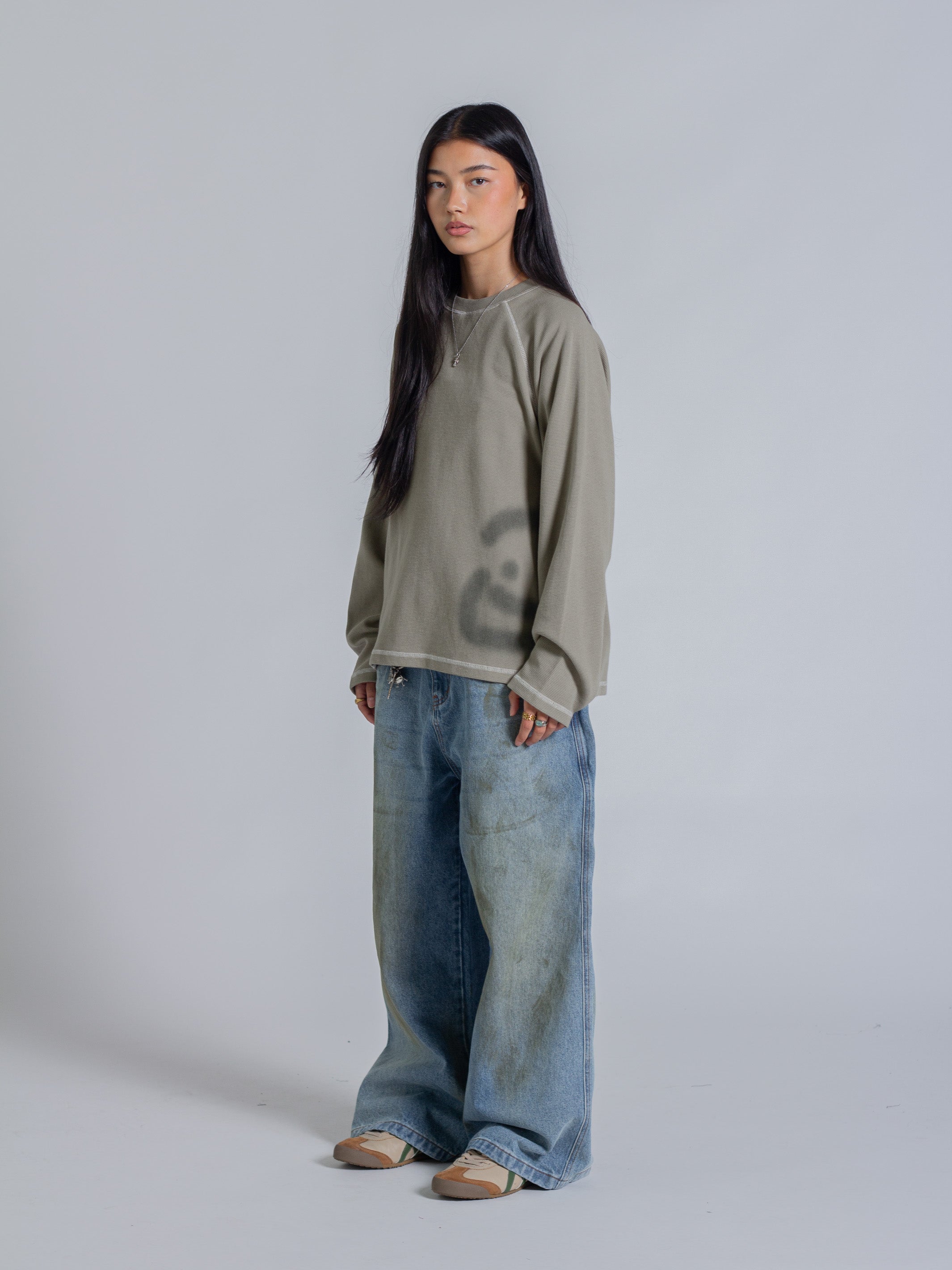 SMILEY WAFFLE LONG SLEEVE TEE - SAGE SMOKE-Fineriform