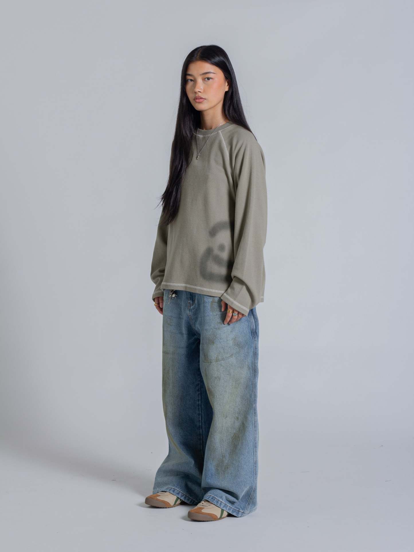 SMILEY WAFFLE LONG SLEEVE TEE - SAGE SMOKE-Fineriform