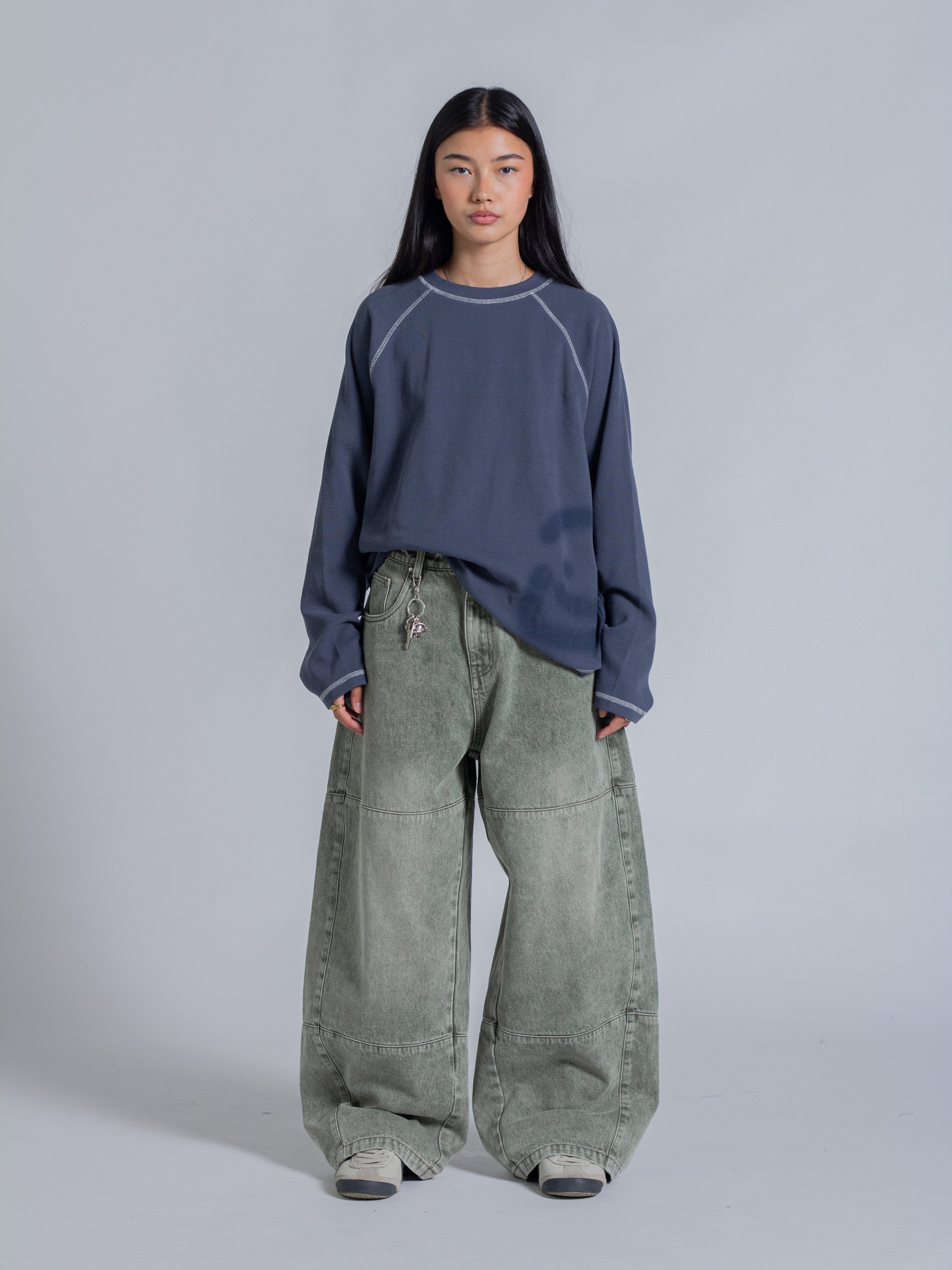 SMILEY WAFFLE LONG SLEEVE TEE - NAVY BLUE-Fineriform