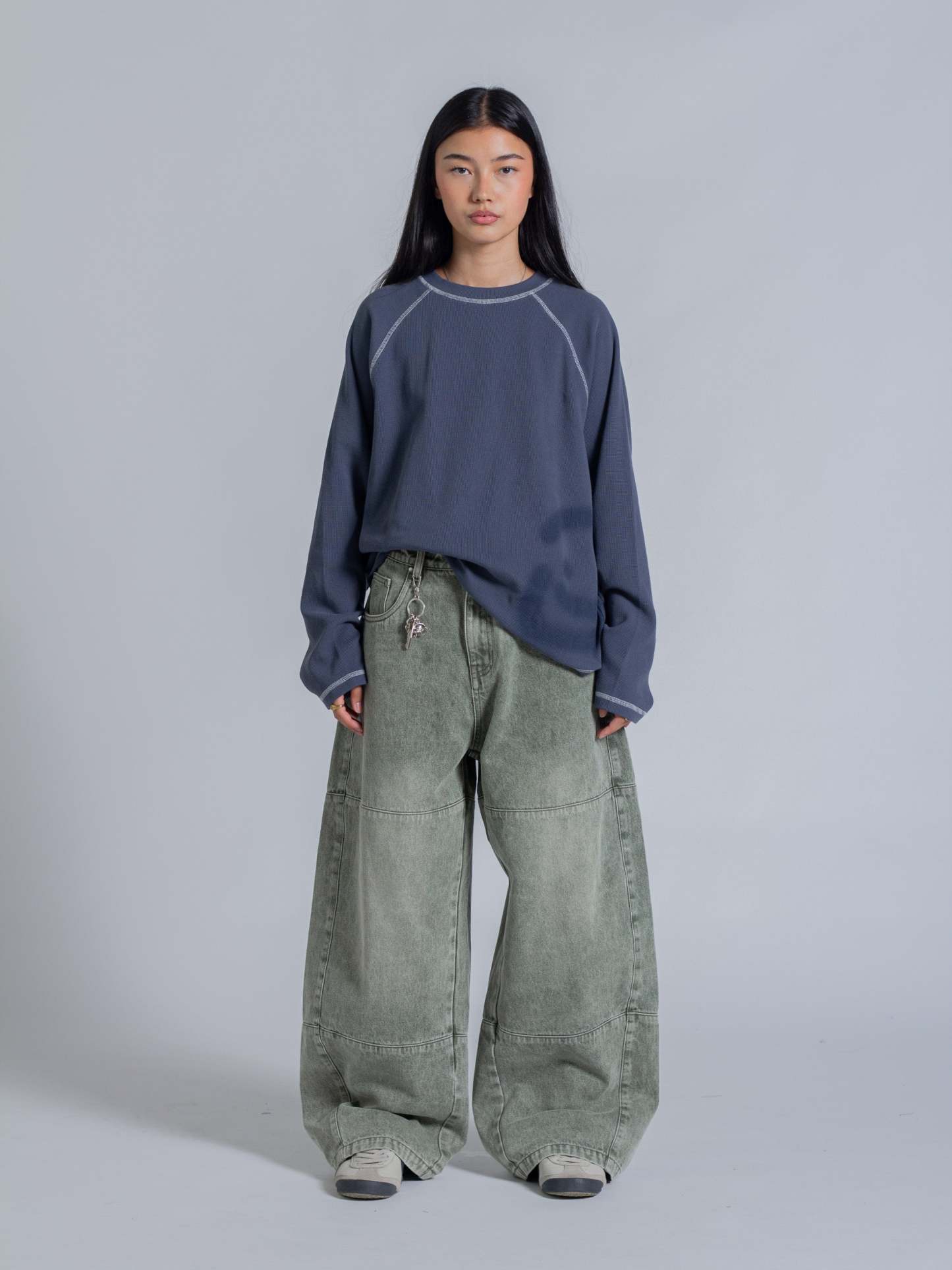 SMILEY WAFFLE LONG SLEEVE TEE - NAVY BLUE-Fineriform