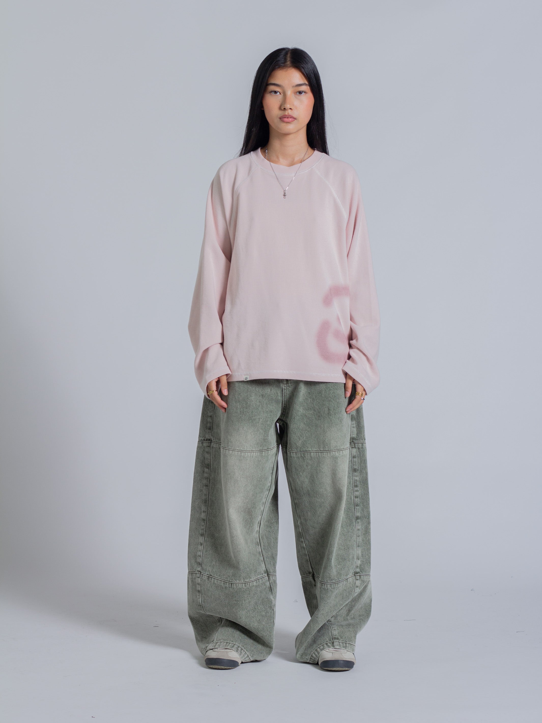 SMILEY WAFFLE LONG SLEEVE TEE - COTTON CANDY PINK-Fineriform