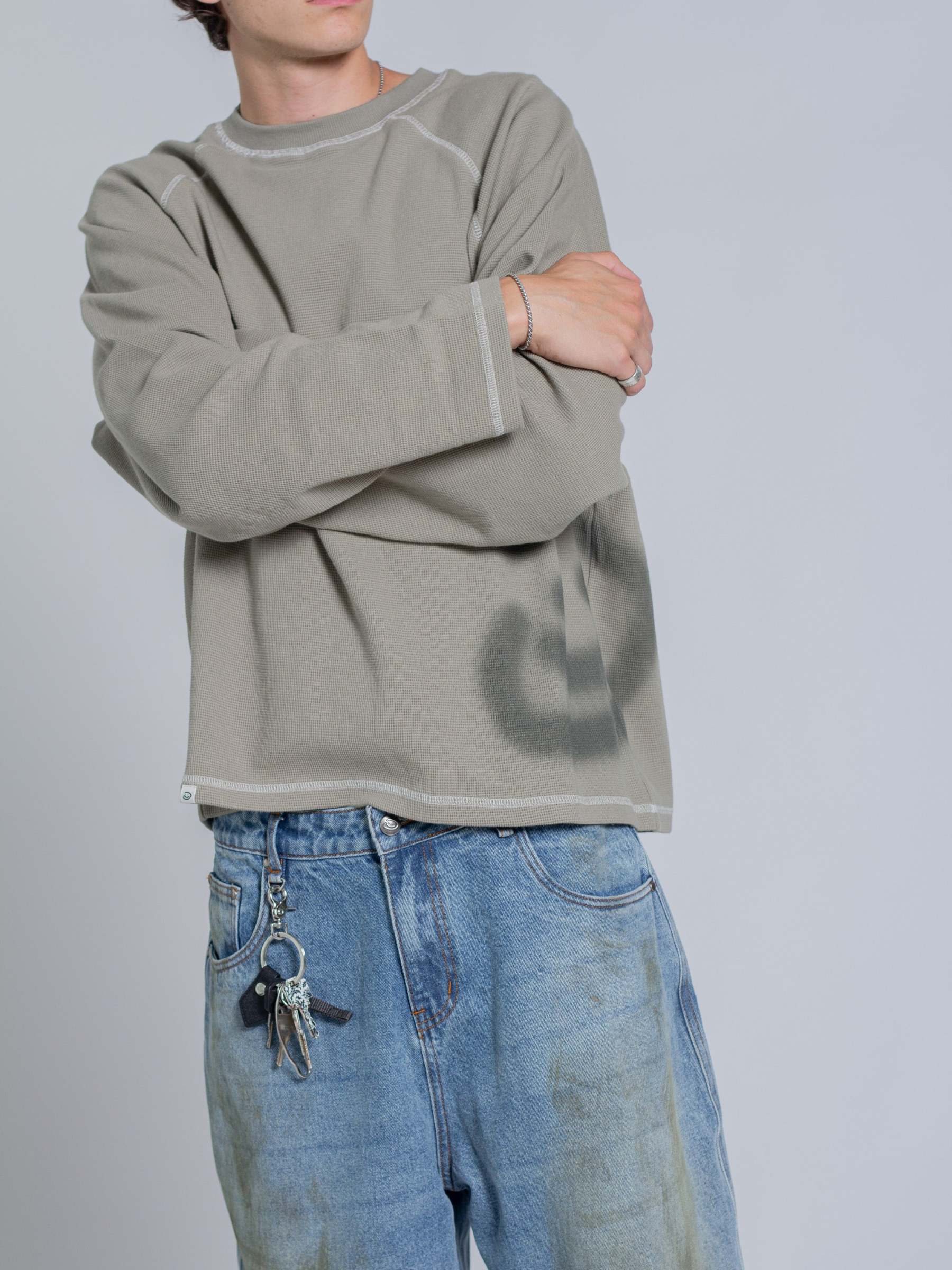 SMILEY WAFFLE LONG SLEEVE TEE - SAGE SMOKE-Fineriform