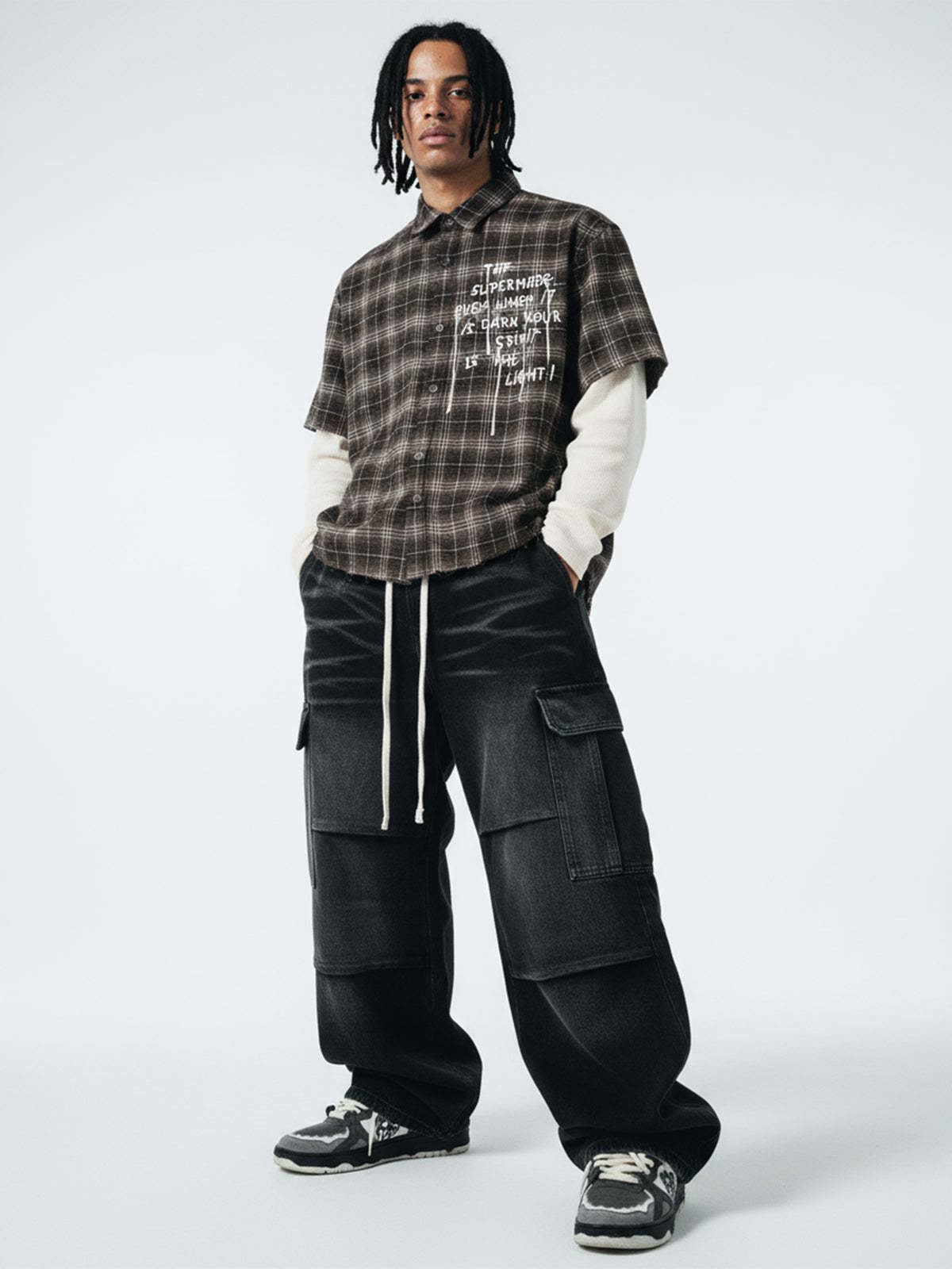 Cotton Street Distressed Plaid Faux Two-Piece Shirt-Fineriform