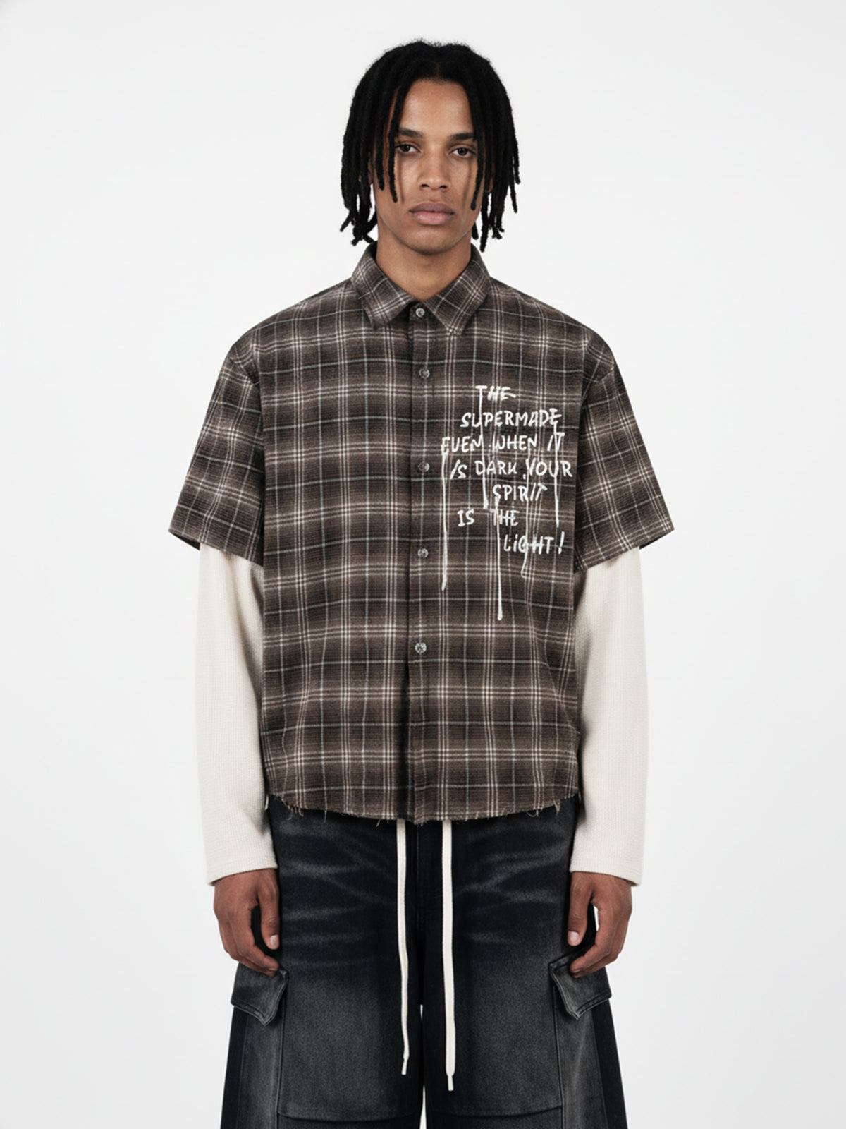 Cotton Street Distressed Plaid Faux Two-Piece Shirt-Fineriform