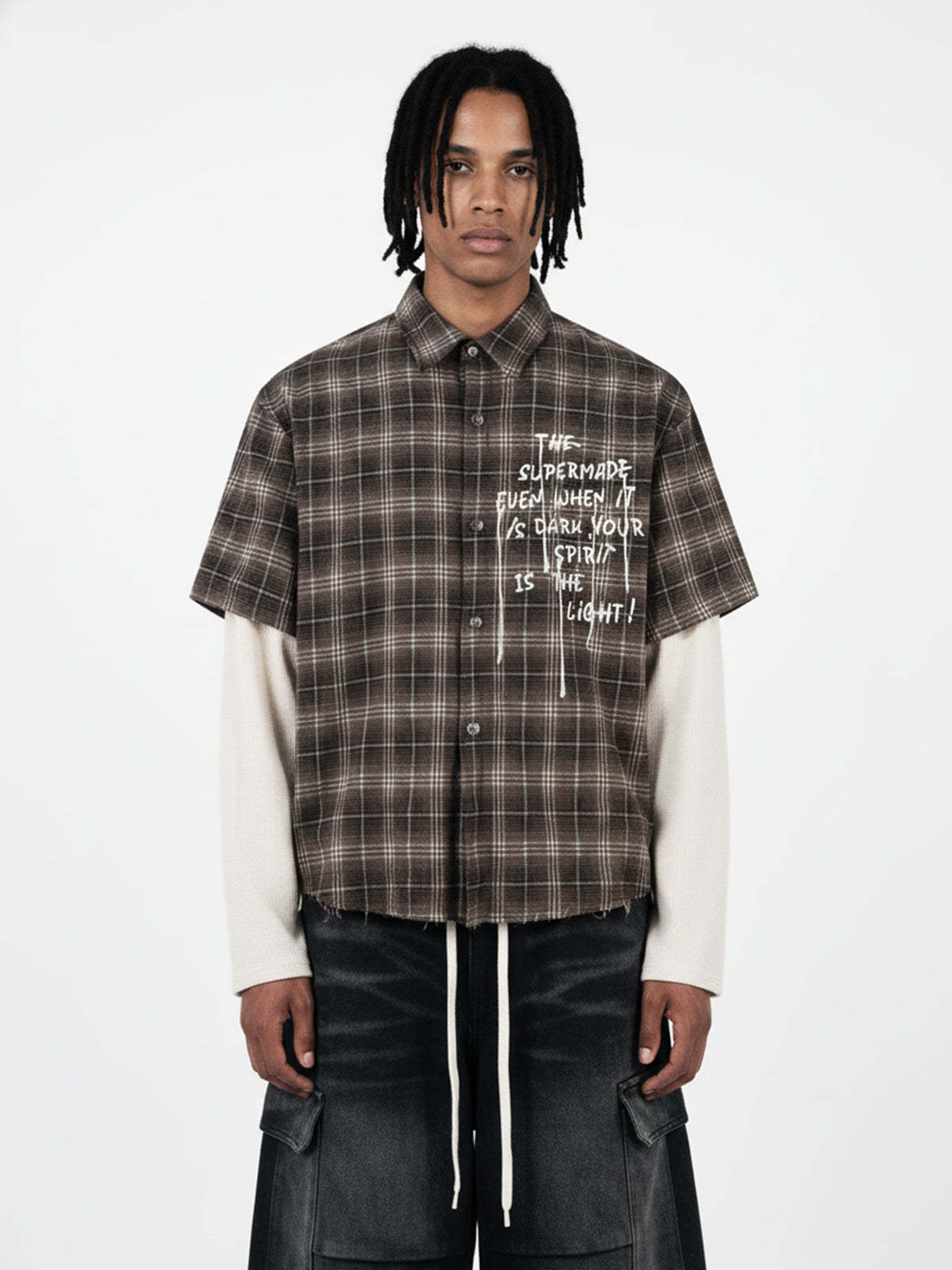 Cotton Street Distressed Plaid Faux Two-Piece Shirt-Fineriform