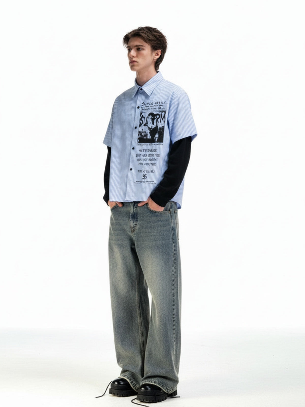 Vintage Illustration Striped Faux Two-Piece Shirt-Fineriform