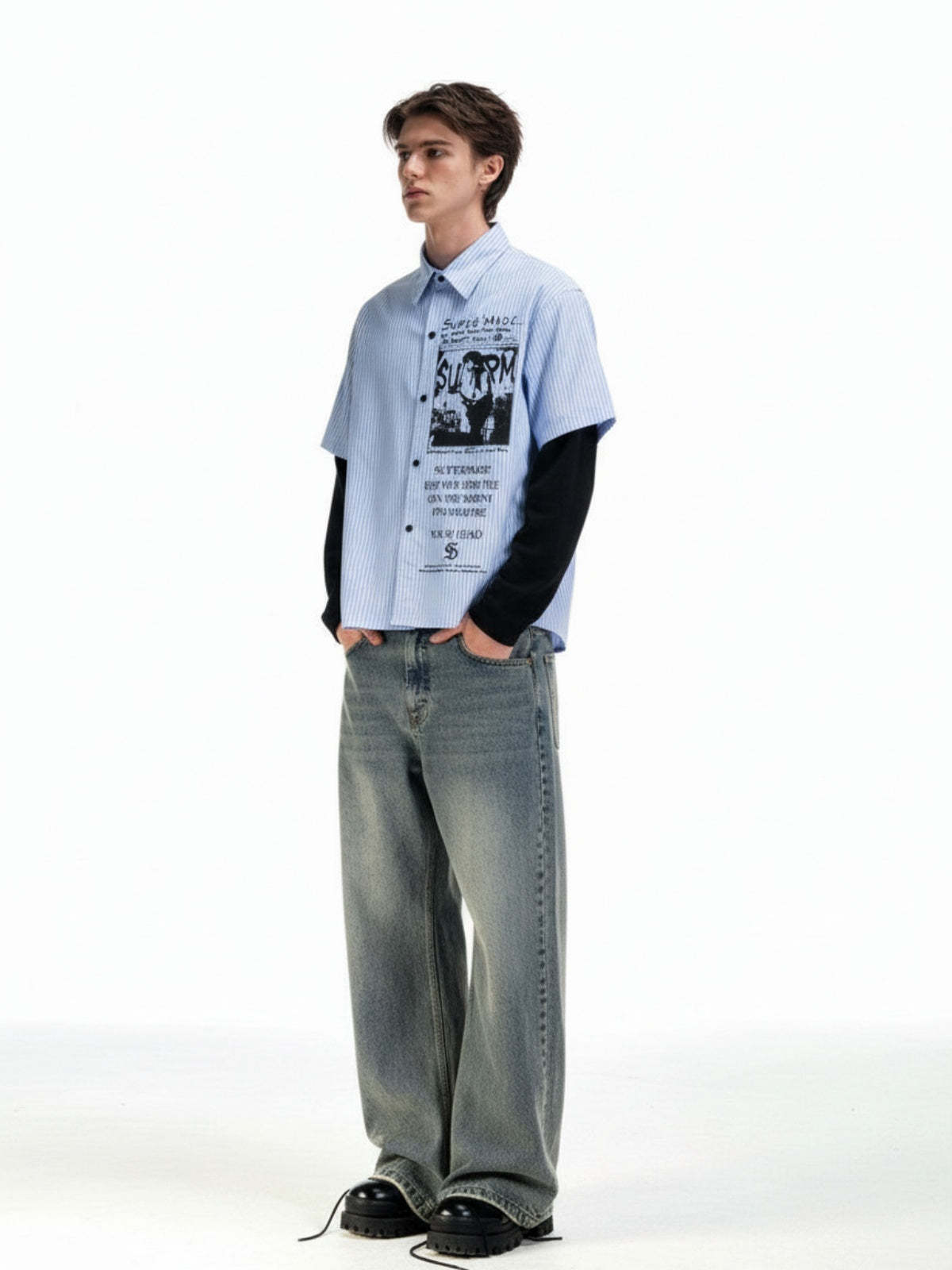 Vintage Illustration Striped Faux Two-Piece Shirt-Fineriform