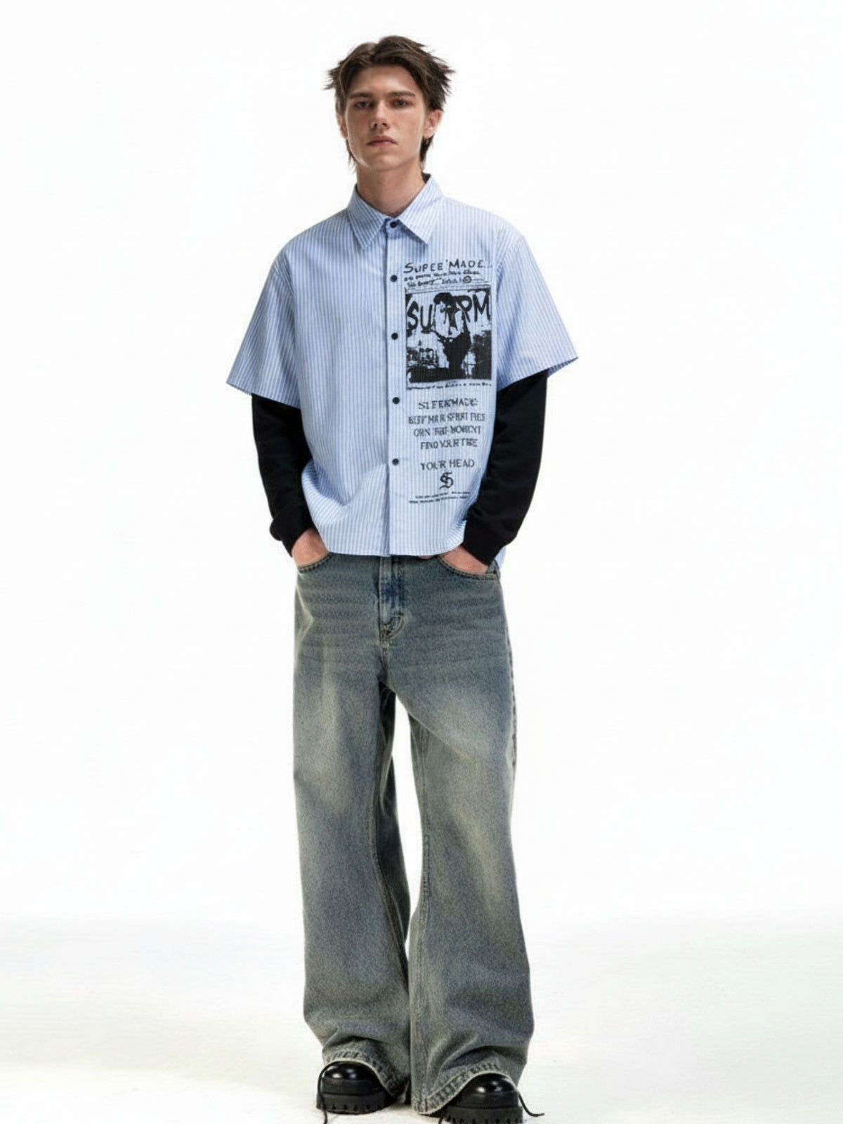 Vintage Illustration Striped Faux Two-Piece Shirt-Fineriform