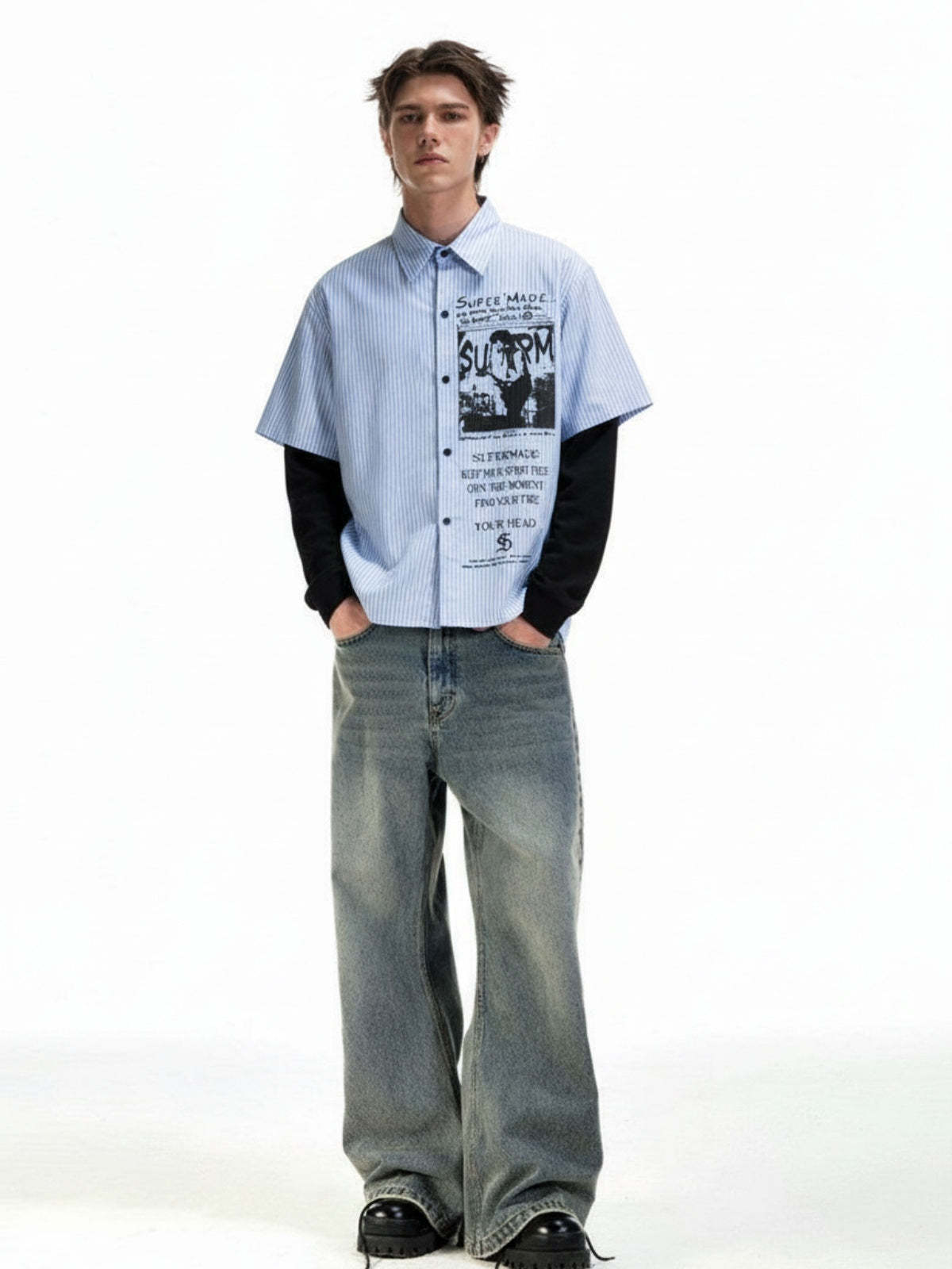 Vintage Illustration Striped Faux Two-Piece Shirt-Fineriform